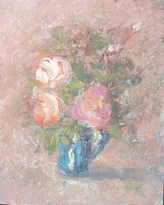 Pink Roses In Blue Vase Interior French Landscape Oil Painting
