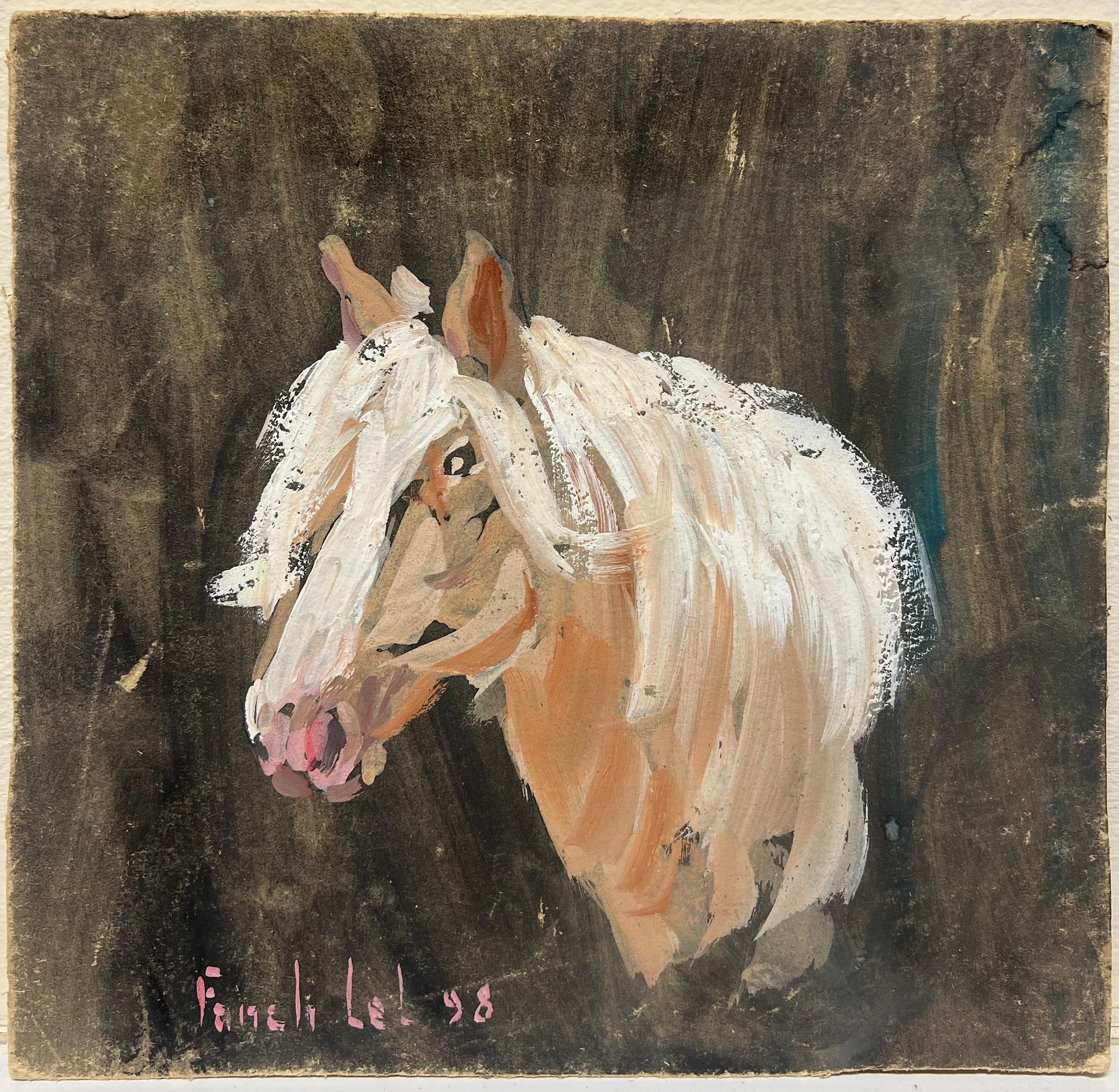 Portrait of a Palomino Light Chestnut Horse with Flowing Mane Original Painting - Black Animal Painting by Fanch Lel