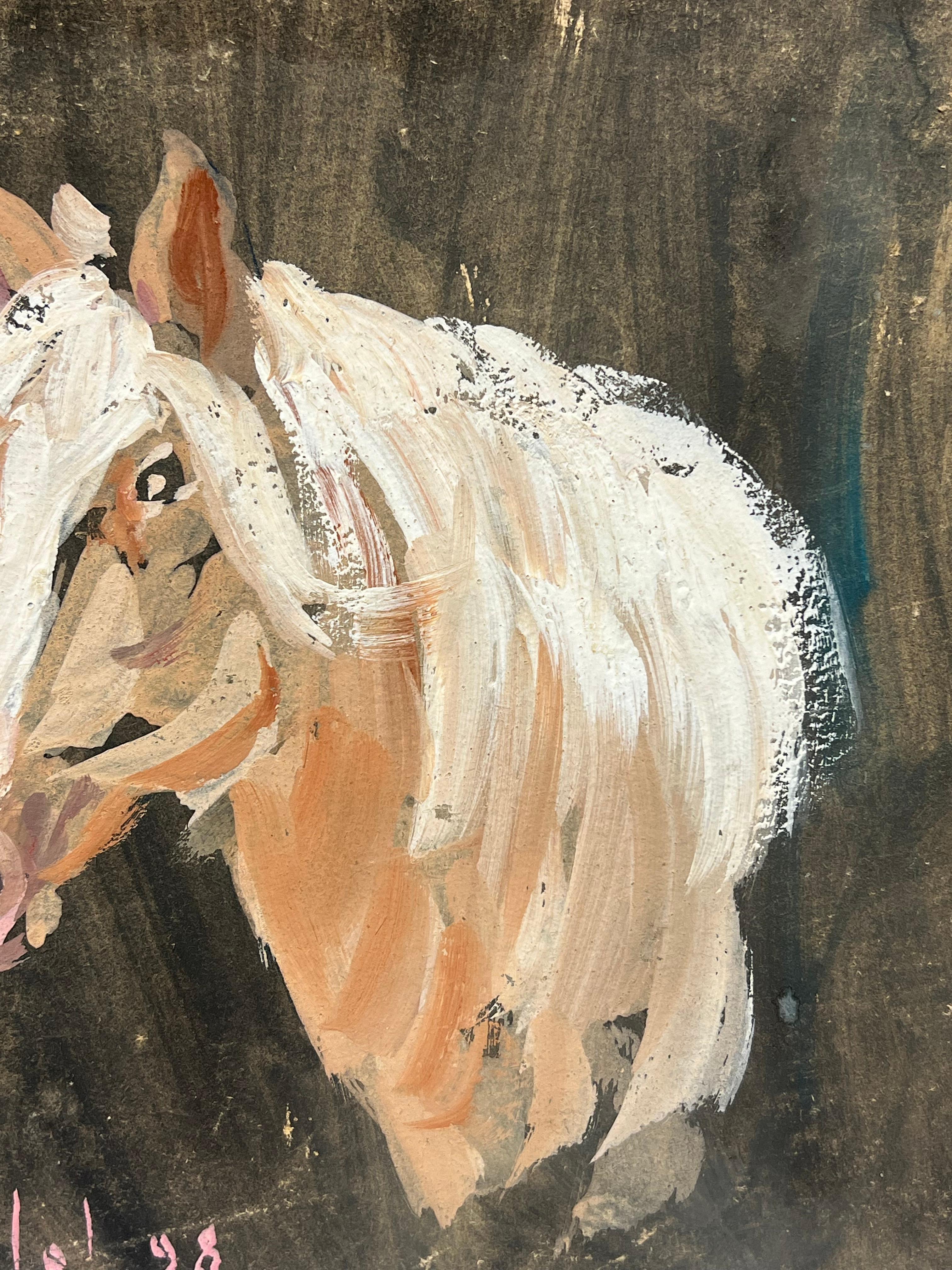 Palomino Portrait
signed by Fanch Lel (French b. 1930)
size: 9 x 9 inches
gouache painting on board, unframed
condition: the painting is in very good condition. It has previously been stored in the artists studio. 

Provenance: all the paintings we