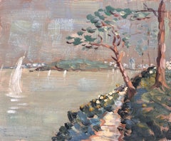 Post Impressionist Coastal Landscape with Trees and Sailboat in France