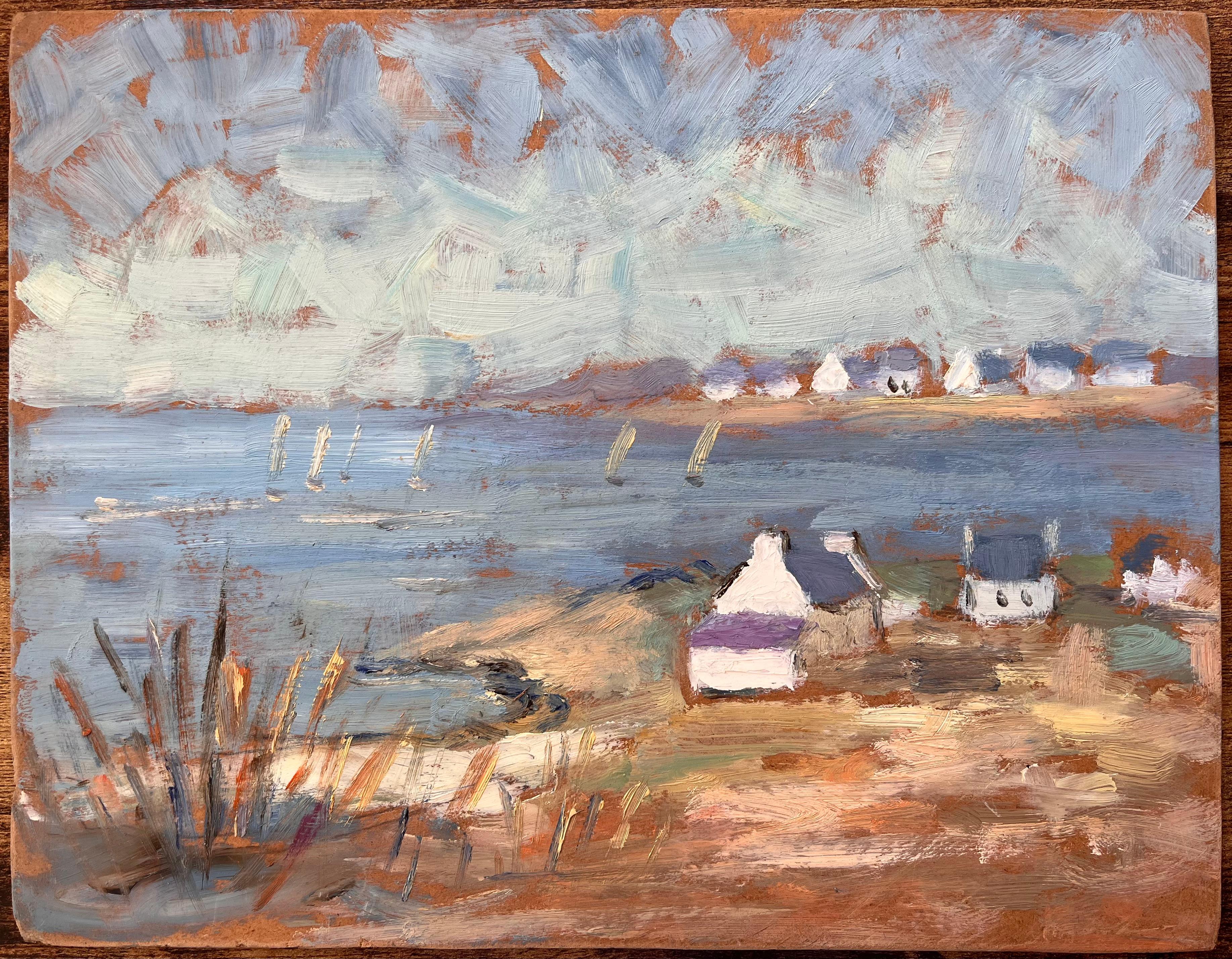 Paesaggio costiero francese post impressionista con barche a vela e cottage - Painting di Fanch Lel