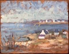 Post Impressionist French Coastal Landscape with Sailboats and Cottages