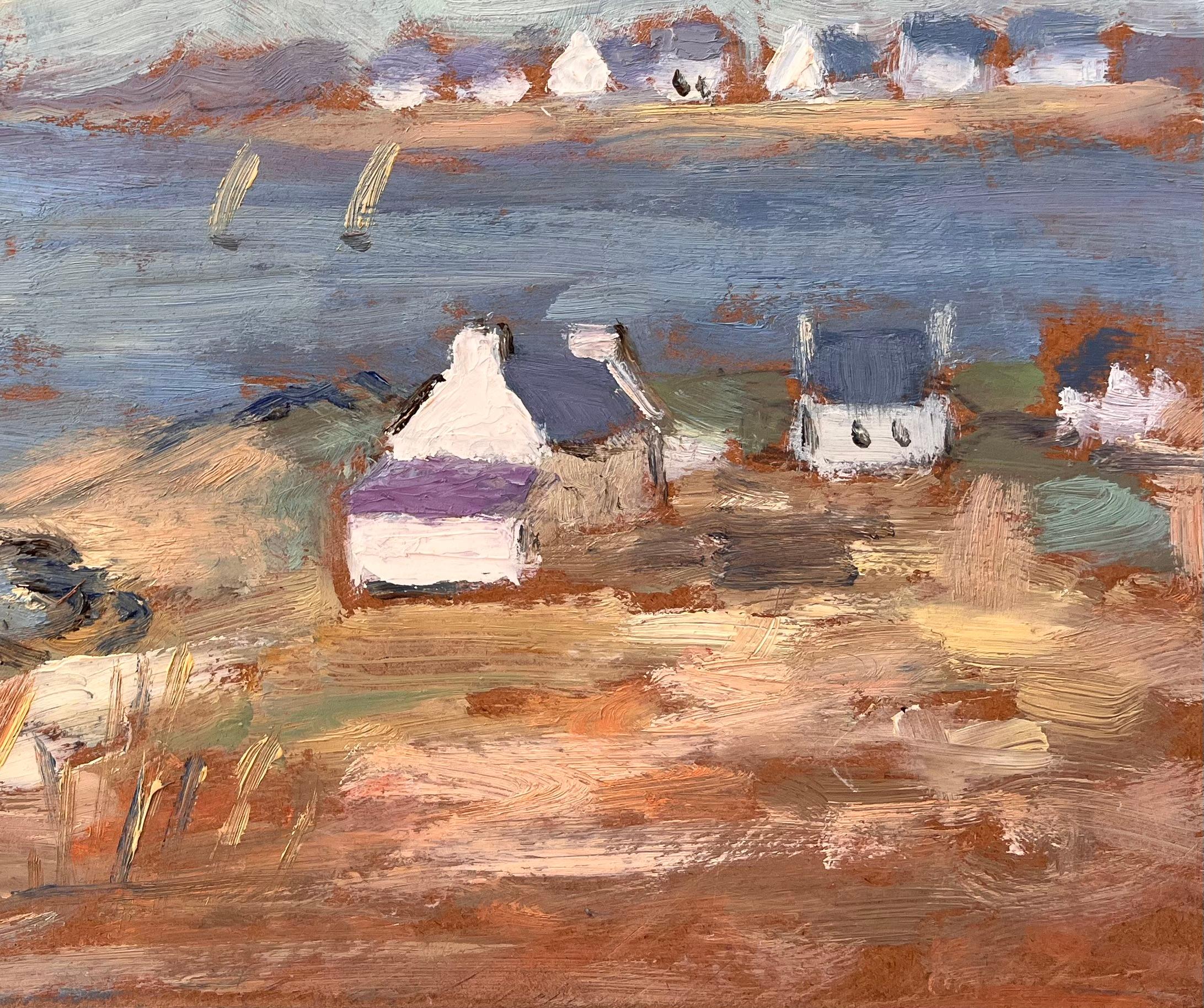 Paesaggio costiero francese post impressionista con barche a vela e cottage - Painting Impressionismo di Fanch Lel