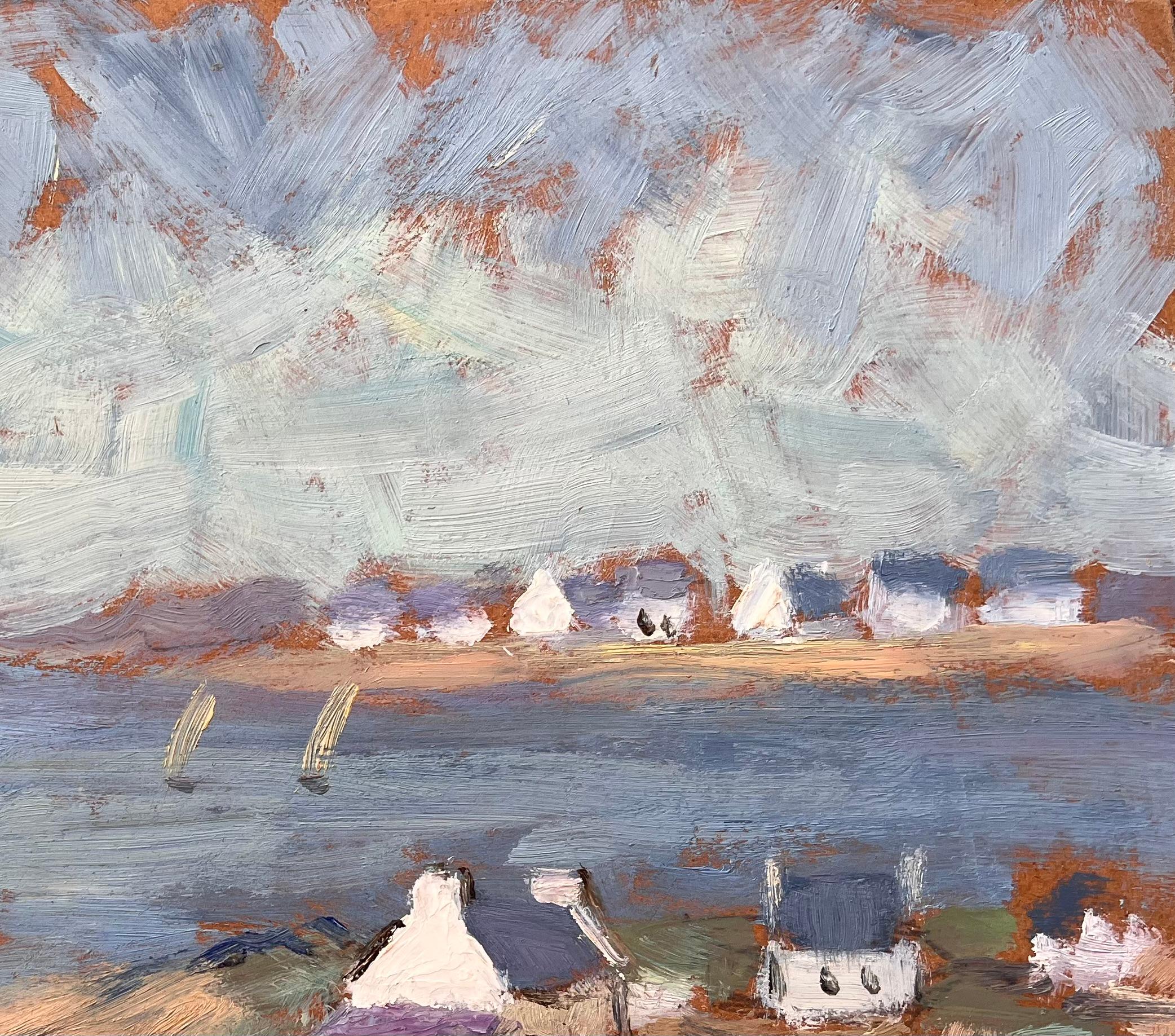 Paesaggio costiero francese post impressionista con barche a vela e cottage - Abstract Painting Marrone di Fanch Lel
