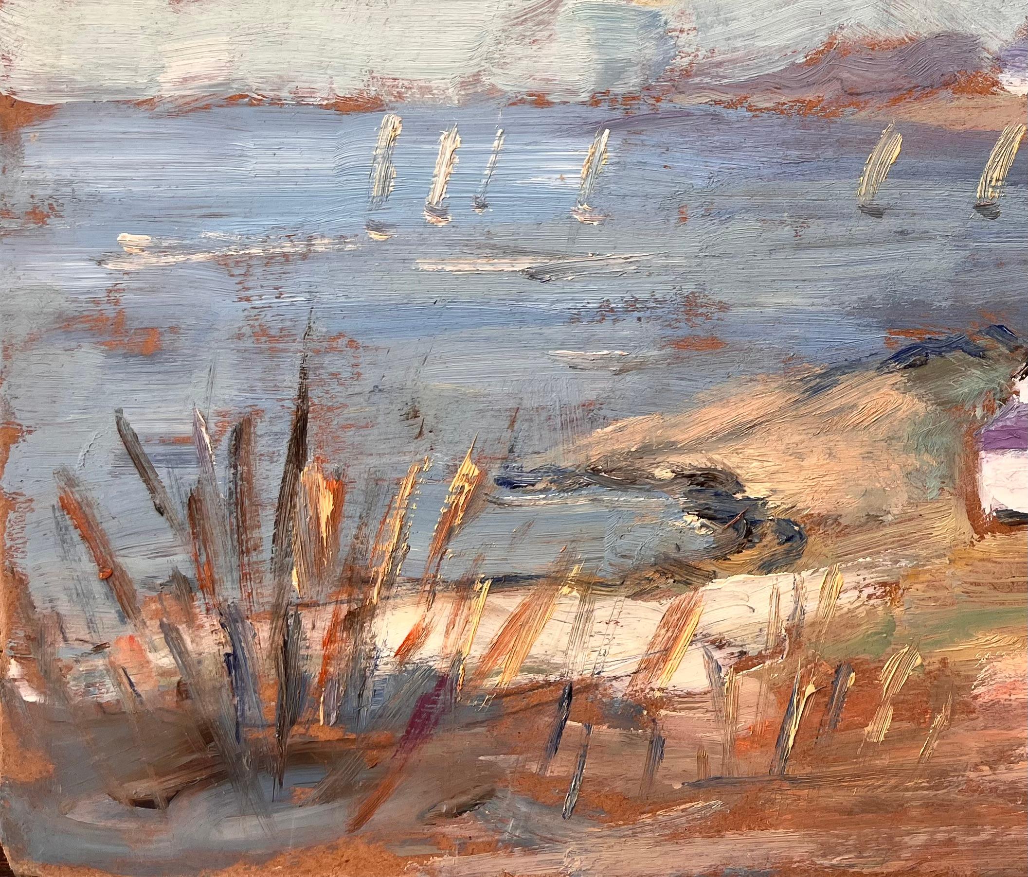 Titolo: Paesaggio costiero francese post-impressionista con barche a vela e cottage
Da Fanch Lel
Dimensioni: 10,5 x 13,5 pollici (altezza x larghezza)
Pittura a olio su tavola, senza cornice
Condit: Il dipinto è in buone condizioni, con lievi segni