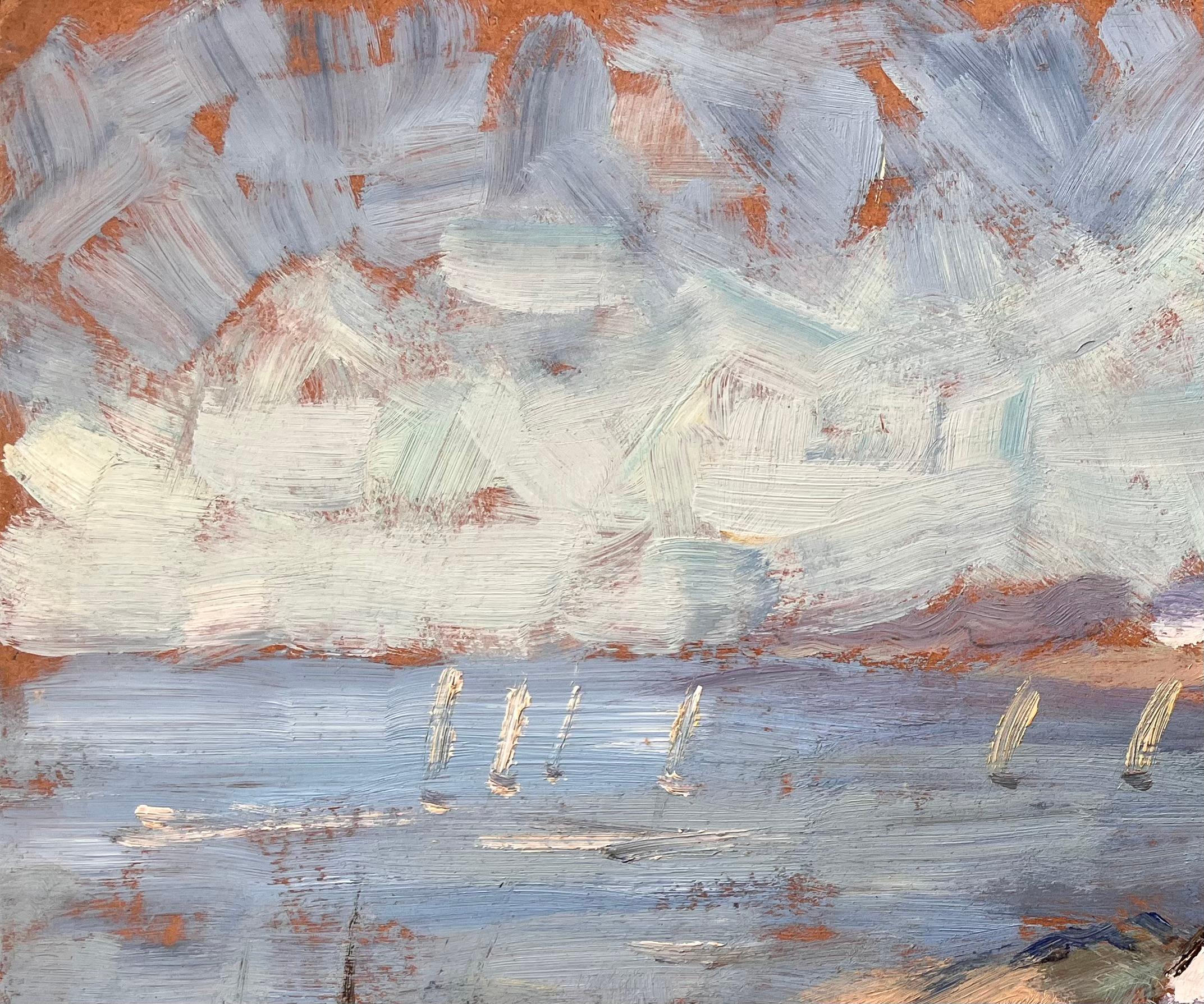 Paesaggio costiero francese post impressionista con barche a vela e cottage in vendita 1
