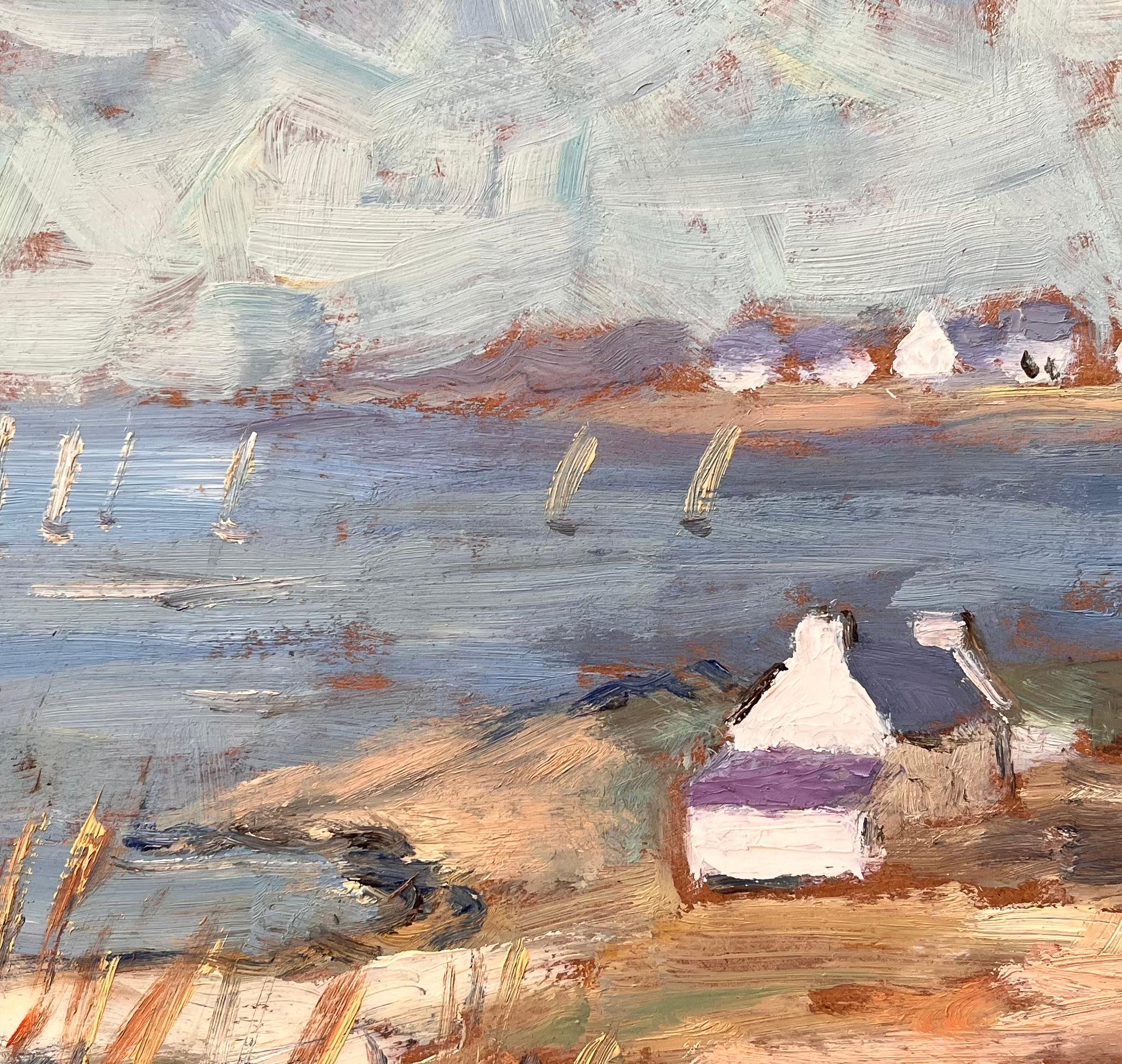Paesaggio costiero francese post impressionista con barche a vela e cottage in vendita 2