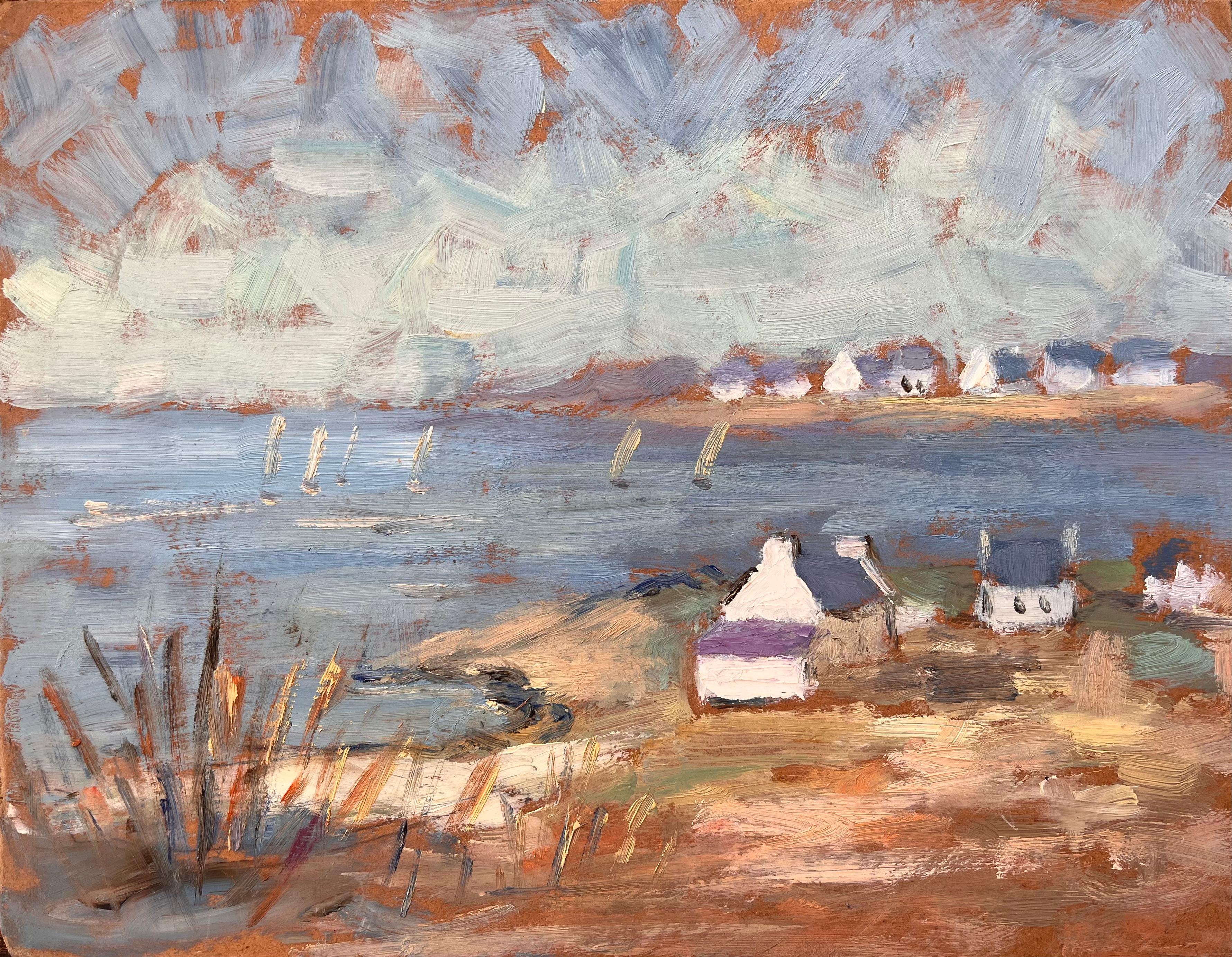 Postimpressionistische französische Küstenlandschaft mit Segelbooten und Hütten