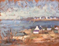 Post Impressionist French Coastal Landscape with Sailboats and Cottages