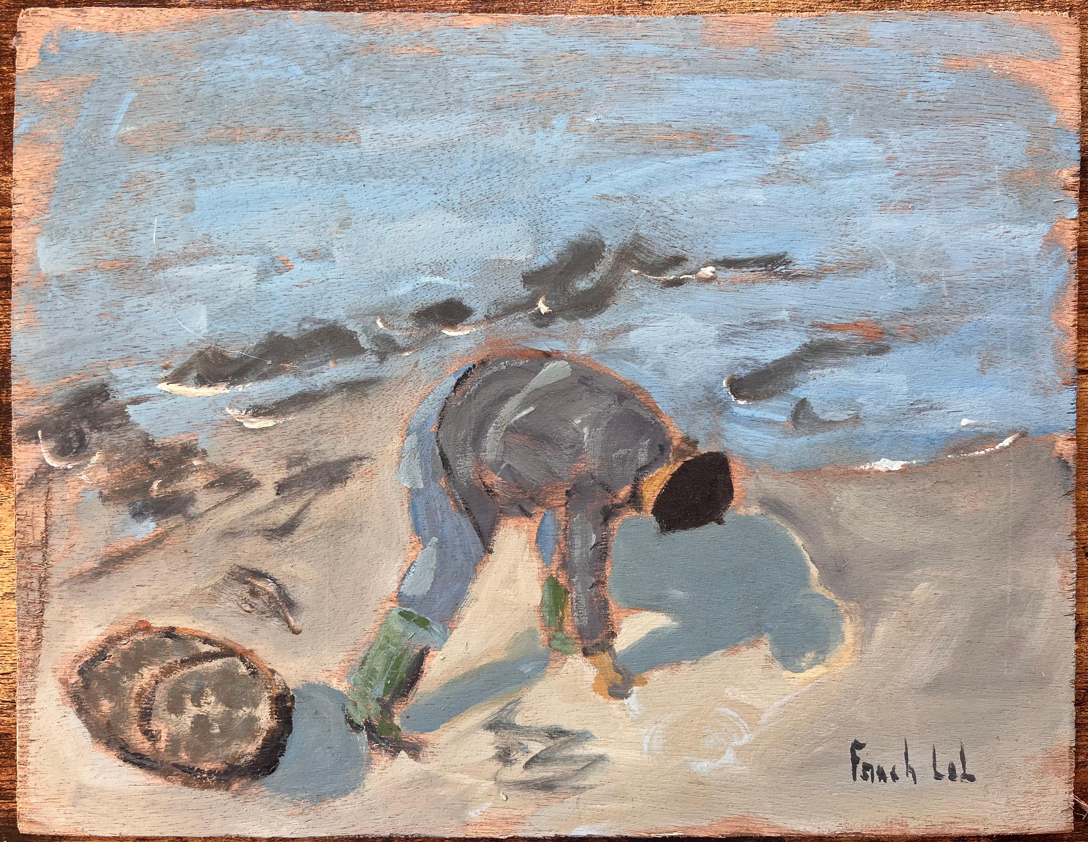 Post Impressionist French Coastal Scene of a Clam Digger on the Beach - Painting by Fanch Lel