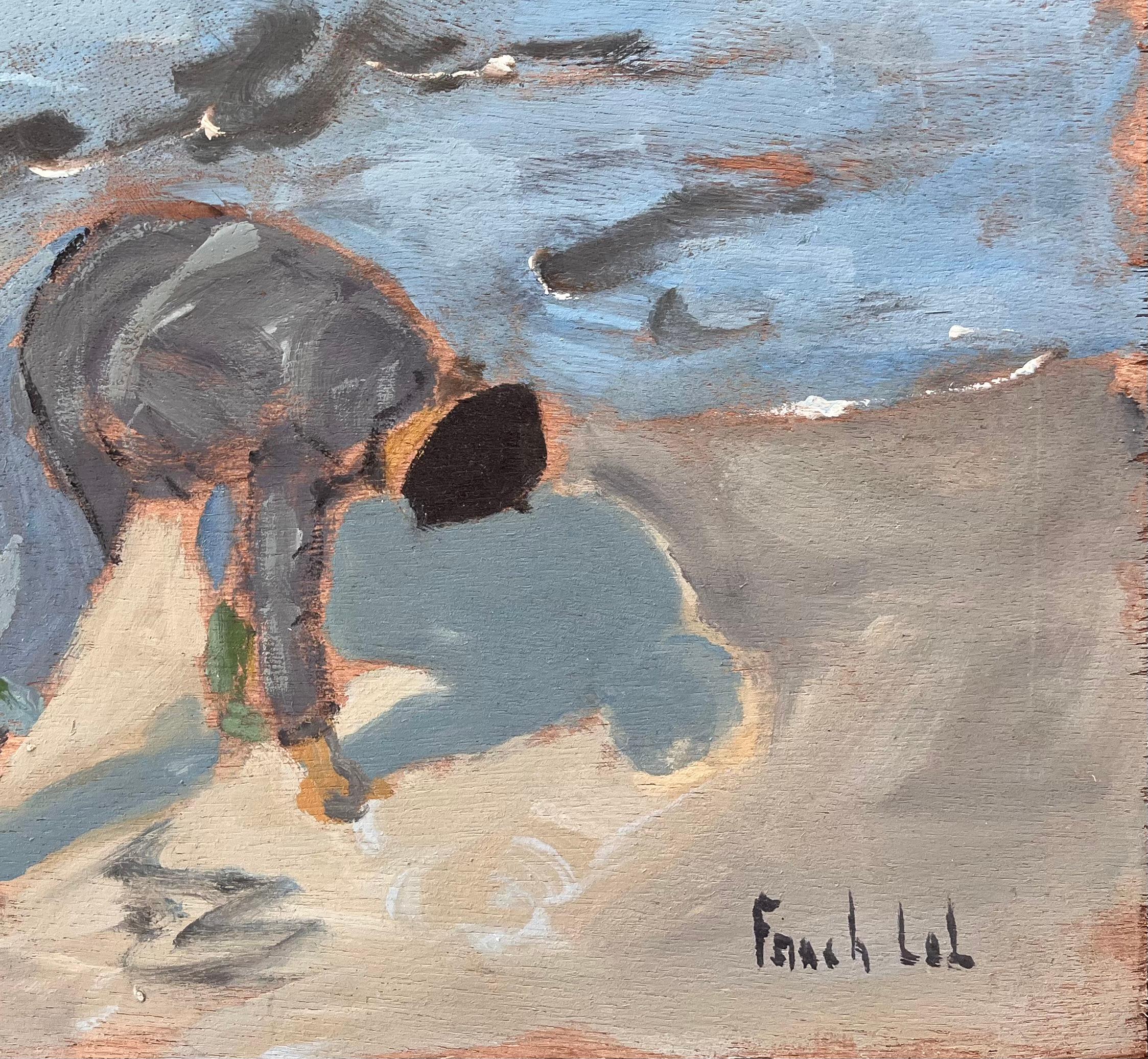 Post Impressionist French Coastal Scene of a Clam Digger on the Beach - Gray Landscape Painting by Fanch Lel