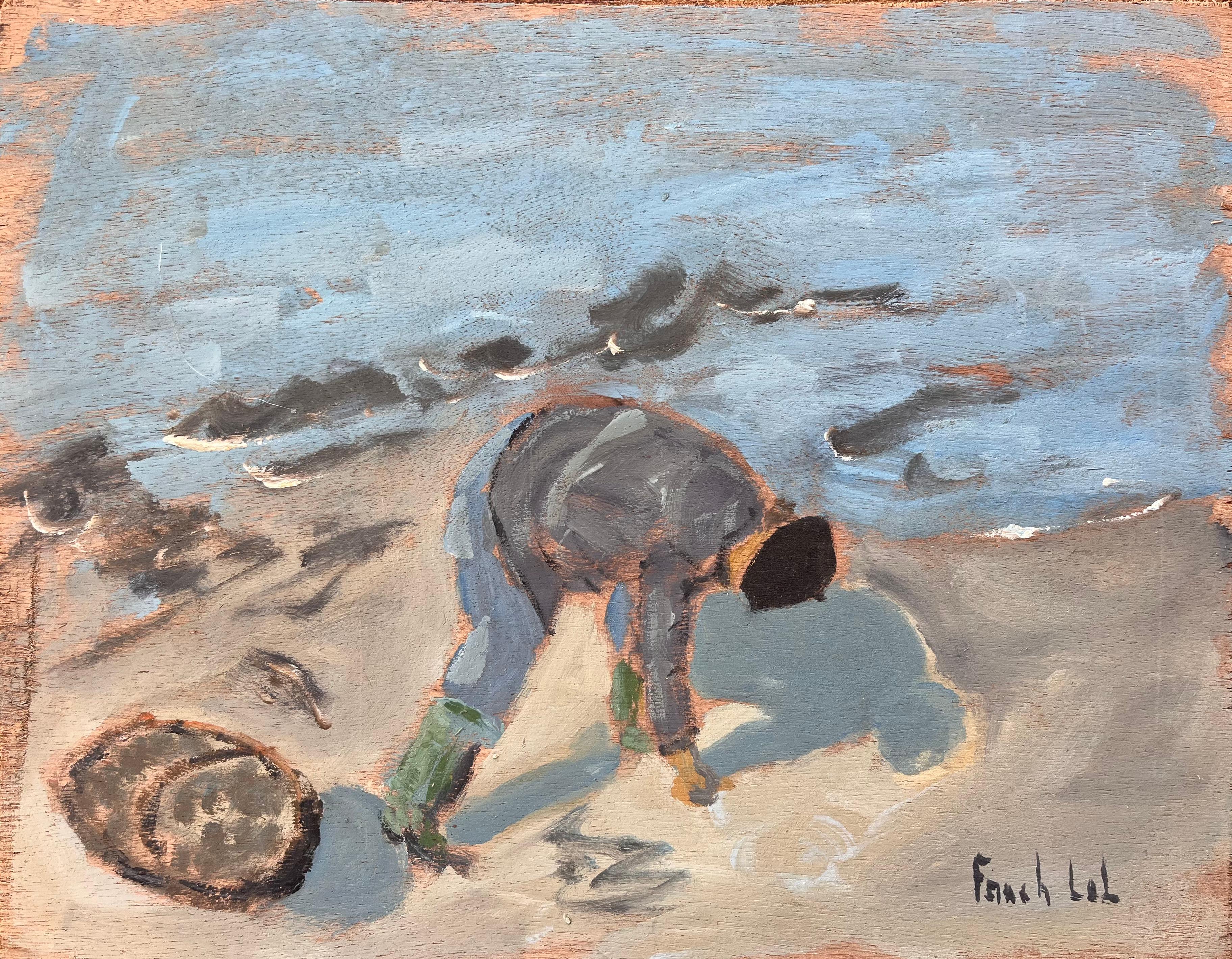 Fanch Lel Landscape Painting - Post Impressionist French Coastal Scene of a Clam Digger on the Beach