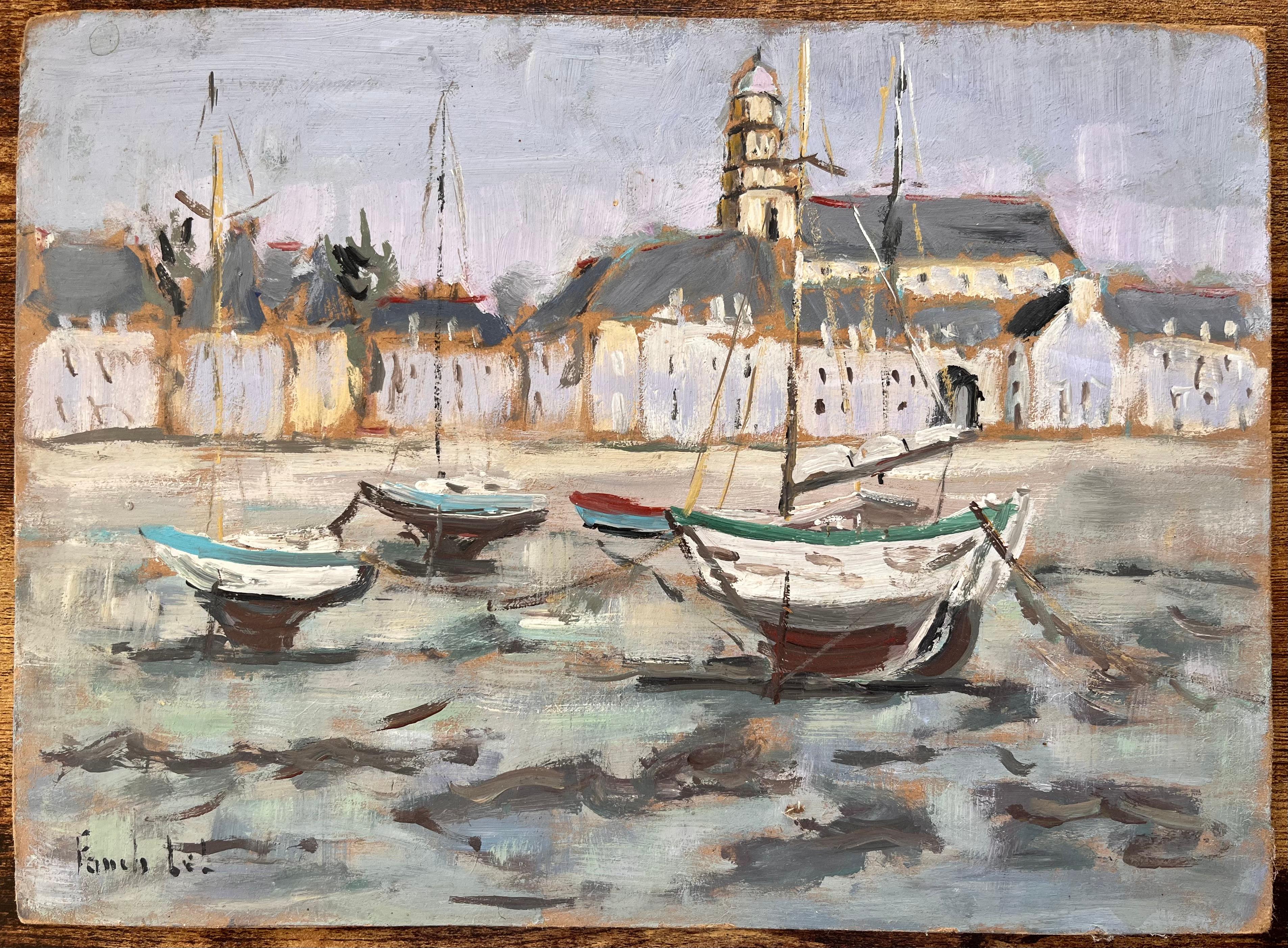 Postimpressionistische französische Hafenszene von Saint Servan mit Booten und Kirche – Painting von Fanch Lel
