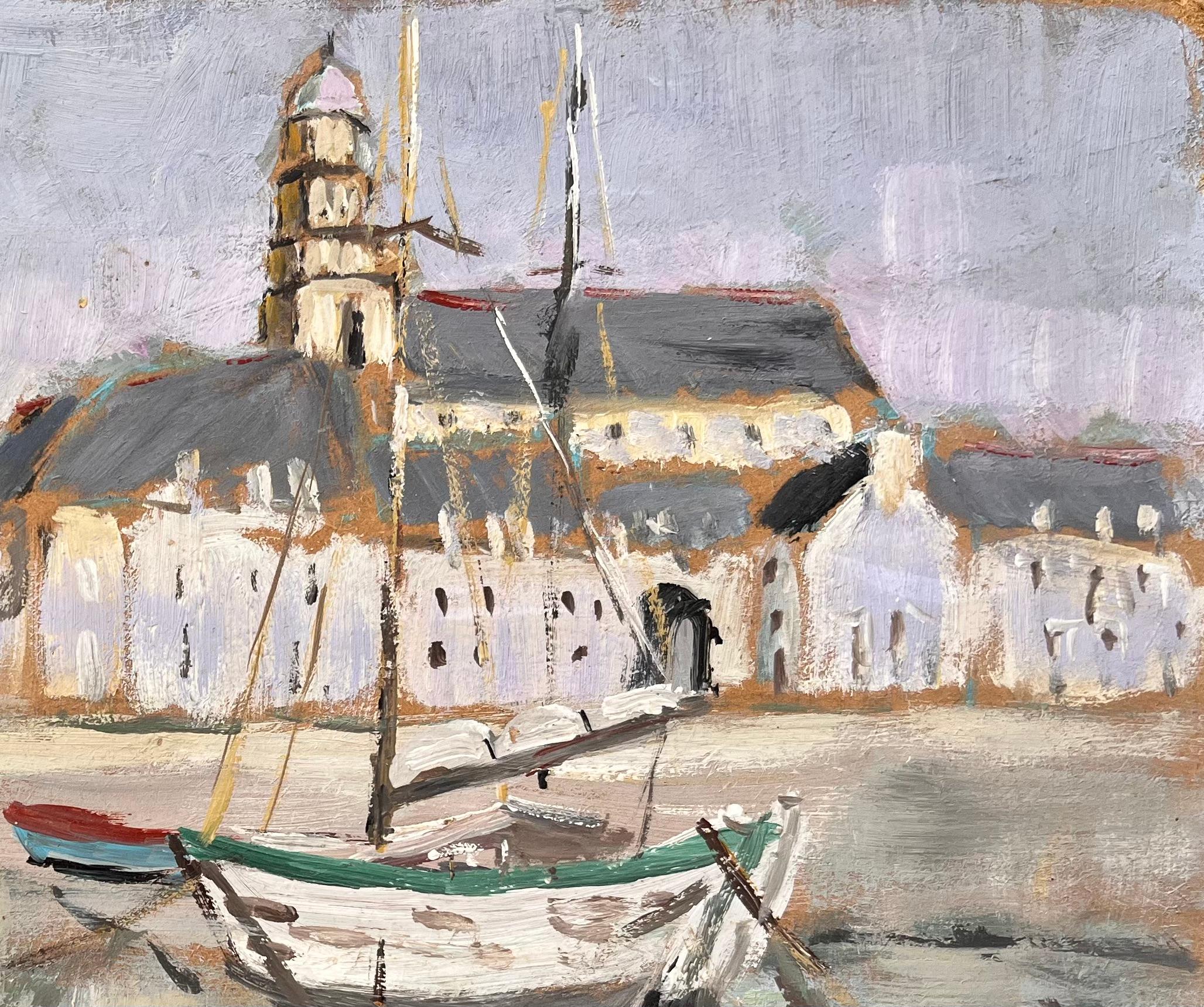 Postimpressionistische französische Hafenszene von Saint Servan mit Booten und Kirche (Impressionismus), Painting, von Fanch Lel