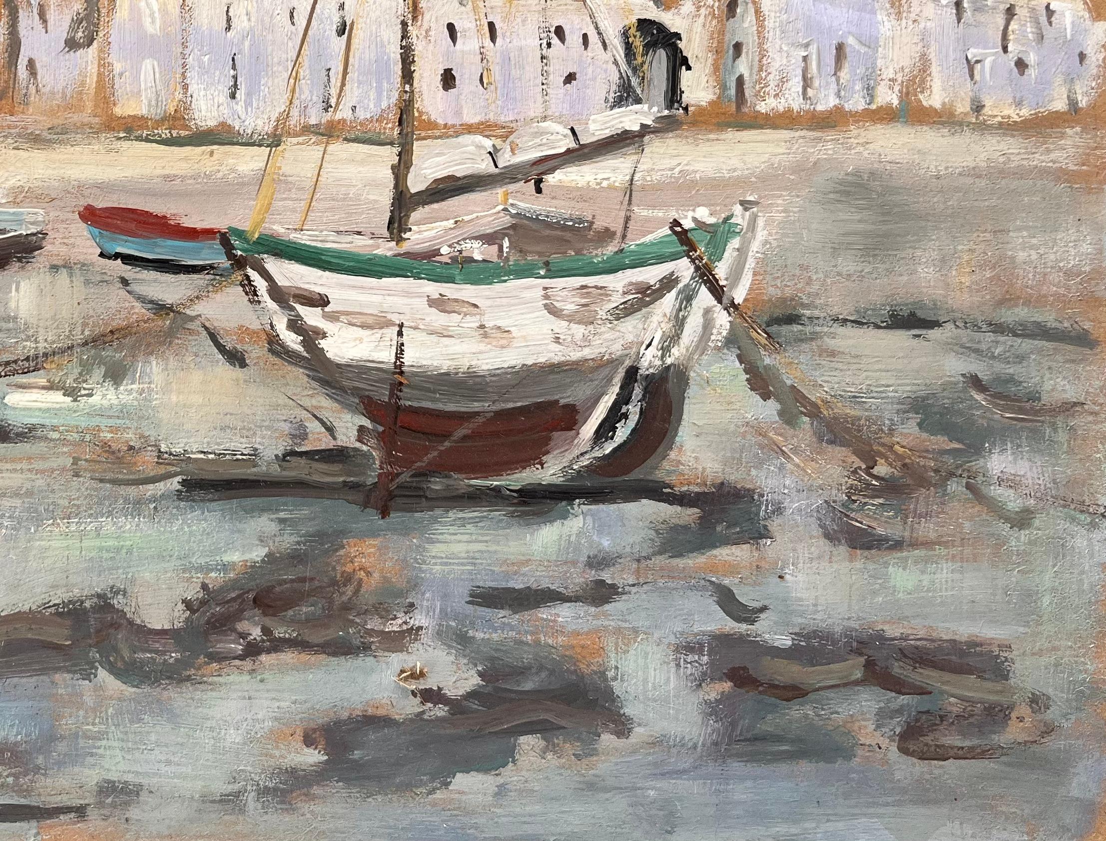 Postimpressionistische französische Hafenszene von Saint Servan mit Booten und Kirche (Grau), Abstract Painting, von Fanch Lel