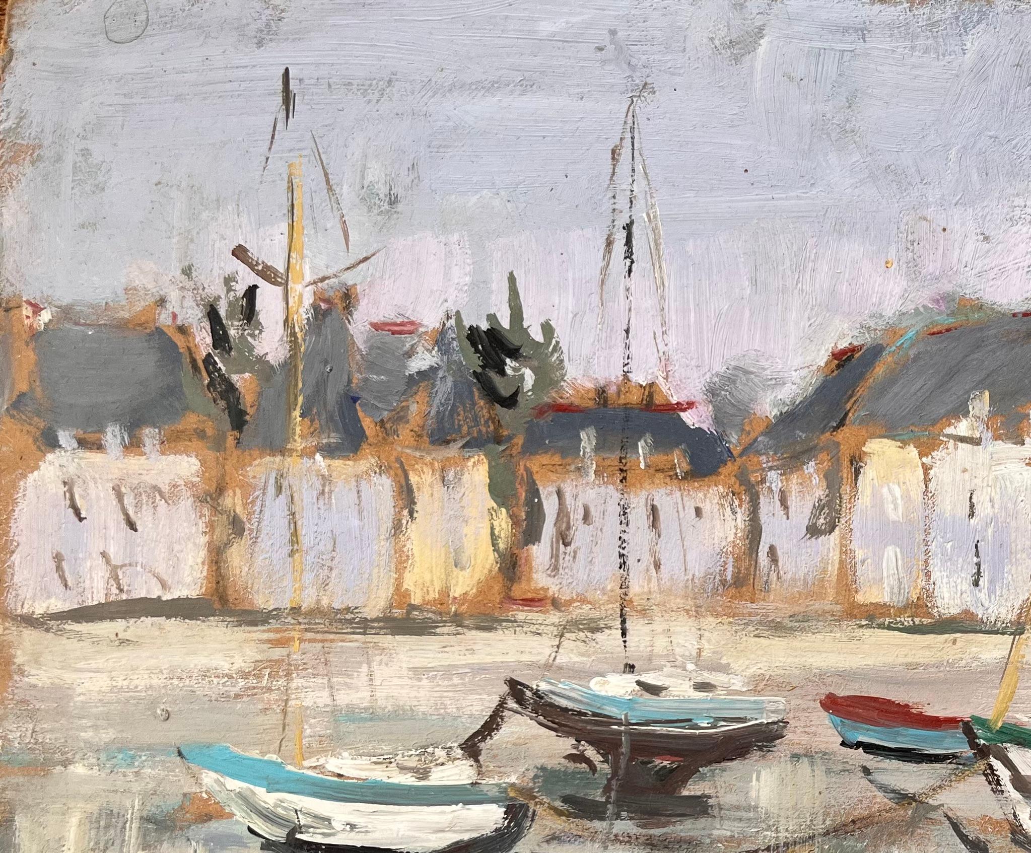 Titel: Postimpressionistische französische Hafenszene von Saint Servan mit Booten und Kirche
Von Fanch Lel
Unterschrieben: Ja
Größe: 9,5 x 13 Zoll (Höhe x Breite)
Ölgemälde auf Karton, ungerahmt
Zustand: Das Gemälde ist in gutem Zustand mit leichten