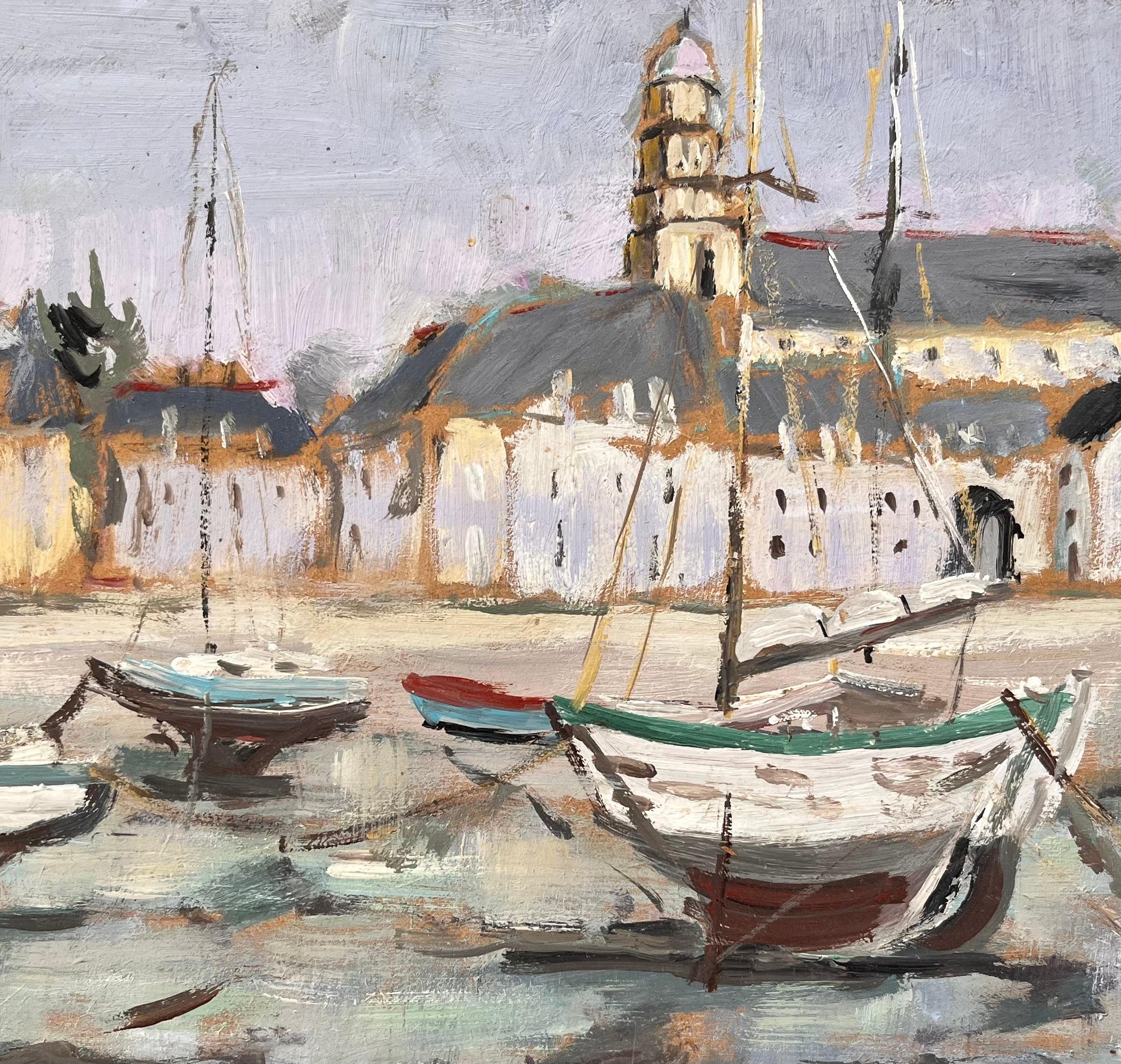 Postimpressionistische französische Hafenszene von Saint Servan mit Booten und Kirche im Angebot 2