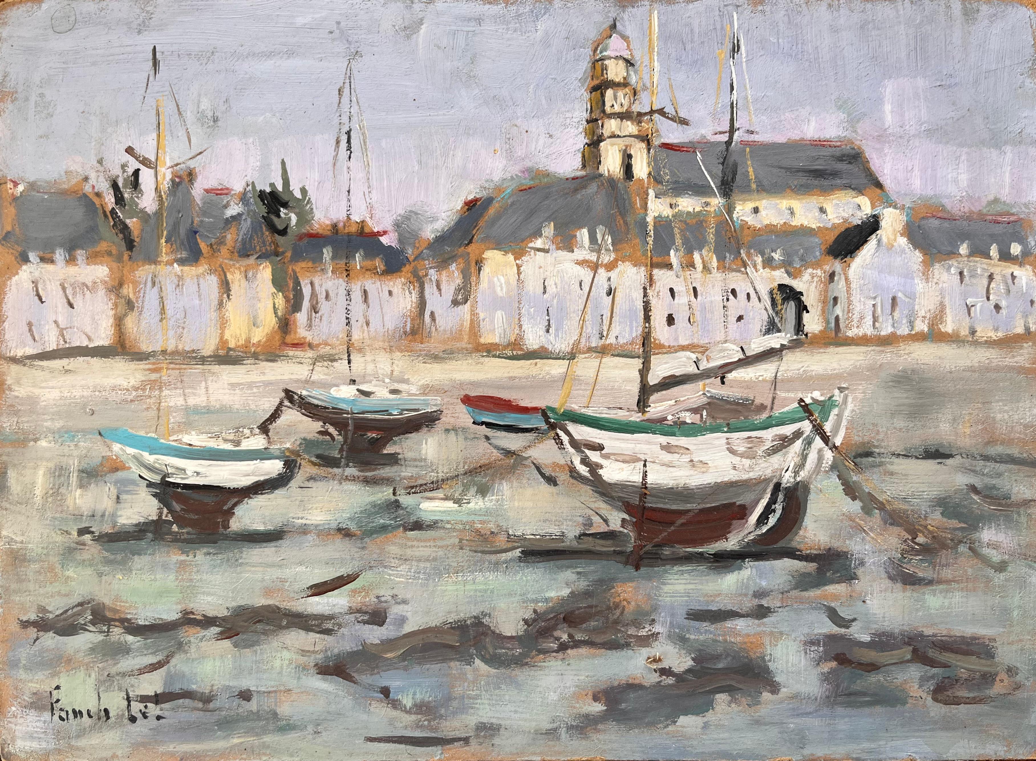 Scène portuaire post-impressionniste française de Saint Servan avec bateaux et église