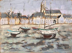 Post Impressionist French Harbour Scene of Saint Servan with Boats and Church