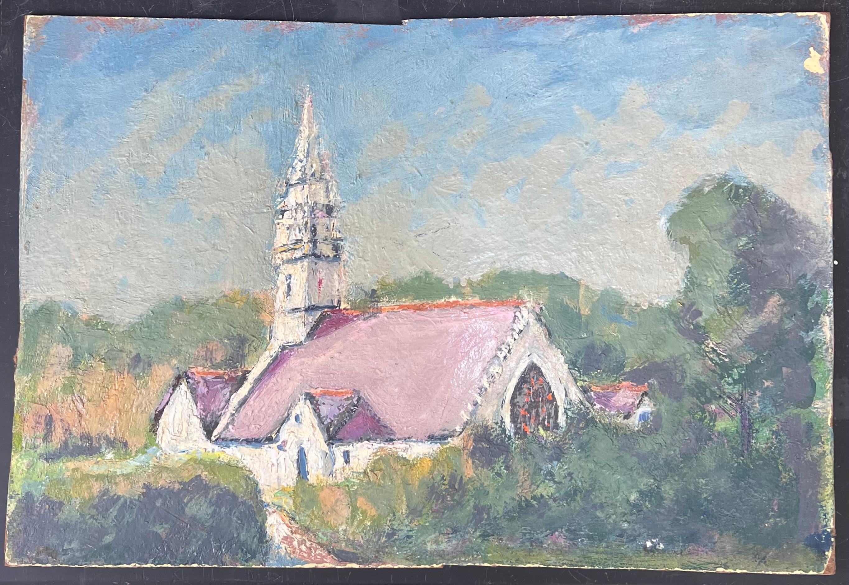 Lila Roof Church In Green Enclosed Gardens, Französische Landschaft, Ölgemälde – Painting von Fanch Lel
