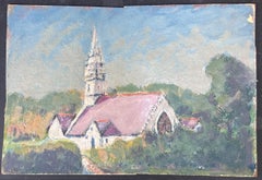 Purple Roof Church In Green Enclosed Gardens French Landscape Oil Painting