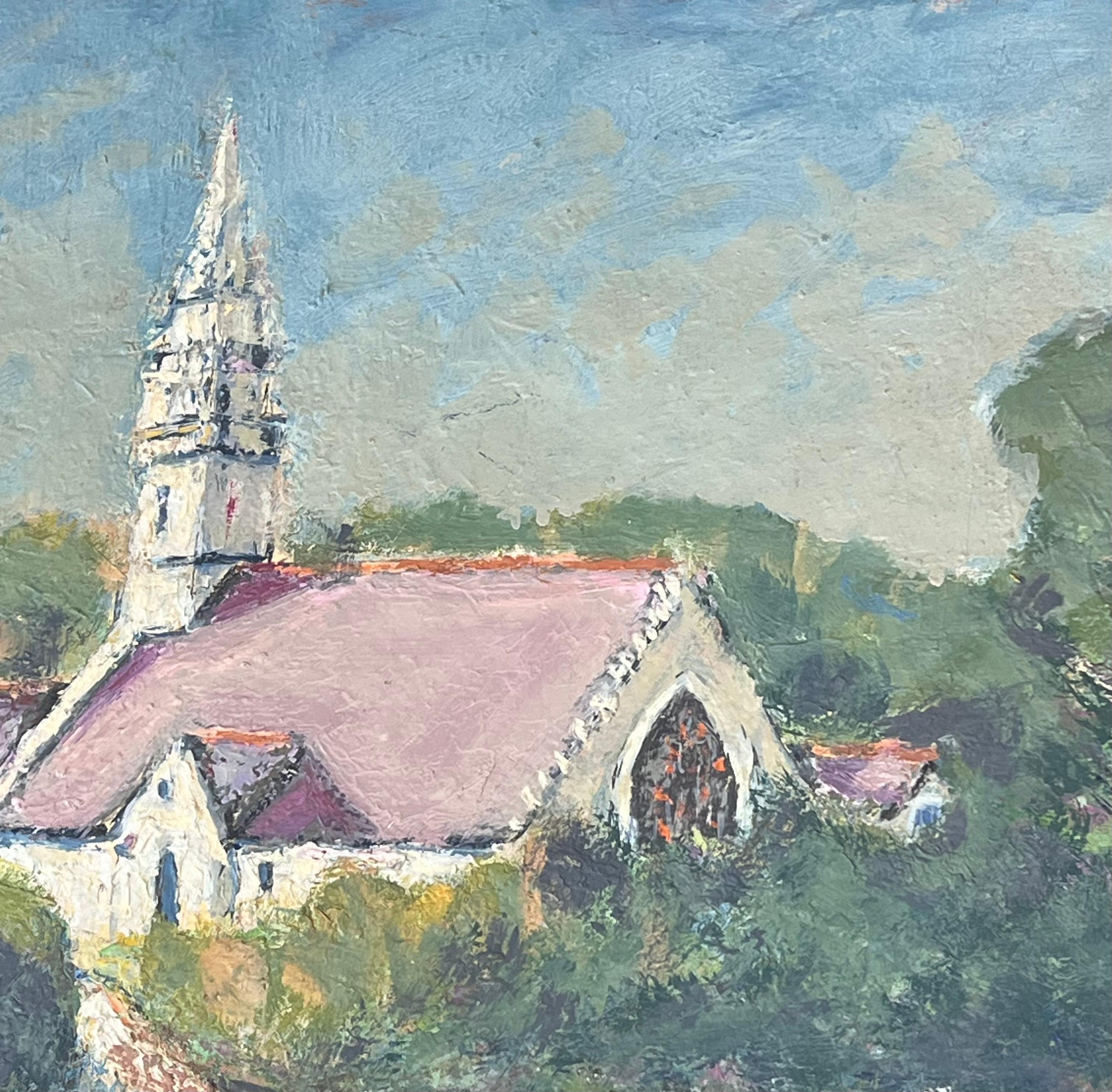 Lila Roof Church In Green Enclosed Gardens, Französische Landschaft, Ölgemälde (Impressionismus), Painting, von Fanch Lel