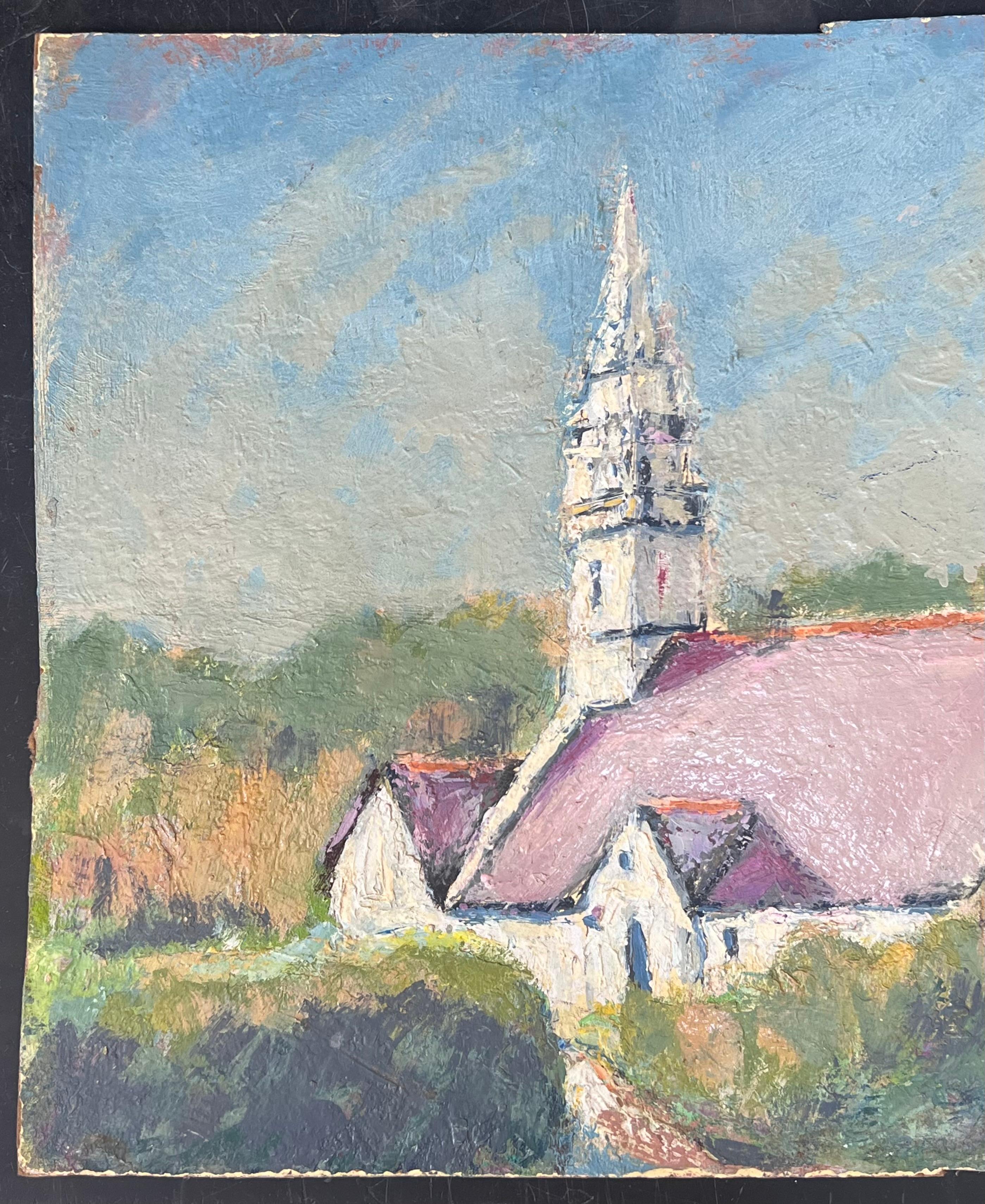 Lila Roof Church In Green Enclosed Gardens, Französische Landschaft, Ölgemälde (Grau), Landscape Painting, von Fanch Lel