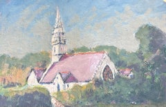 Purple Roof Church In Green Enclosed Gardens French Landscape Oil Painting