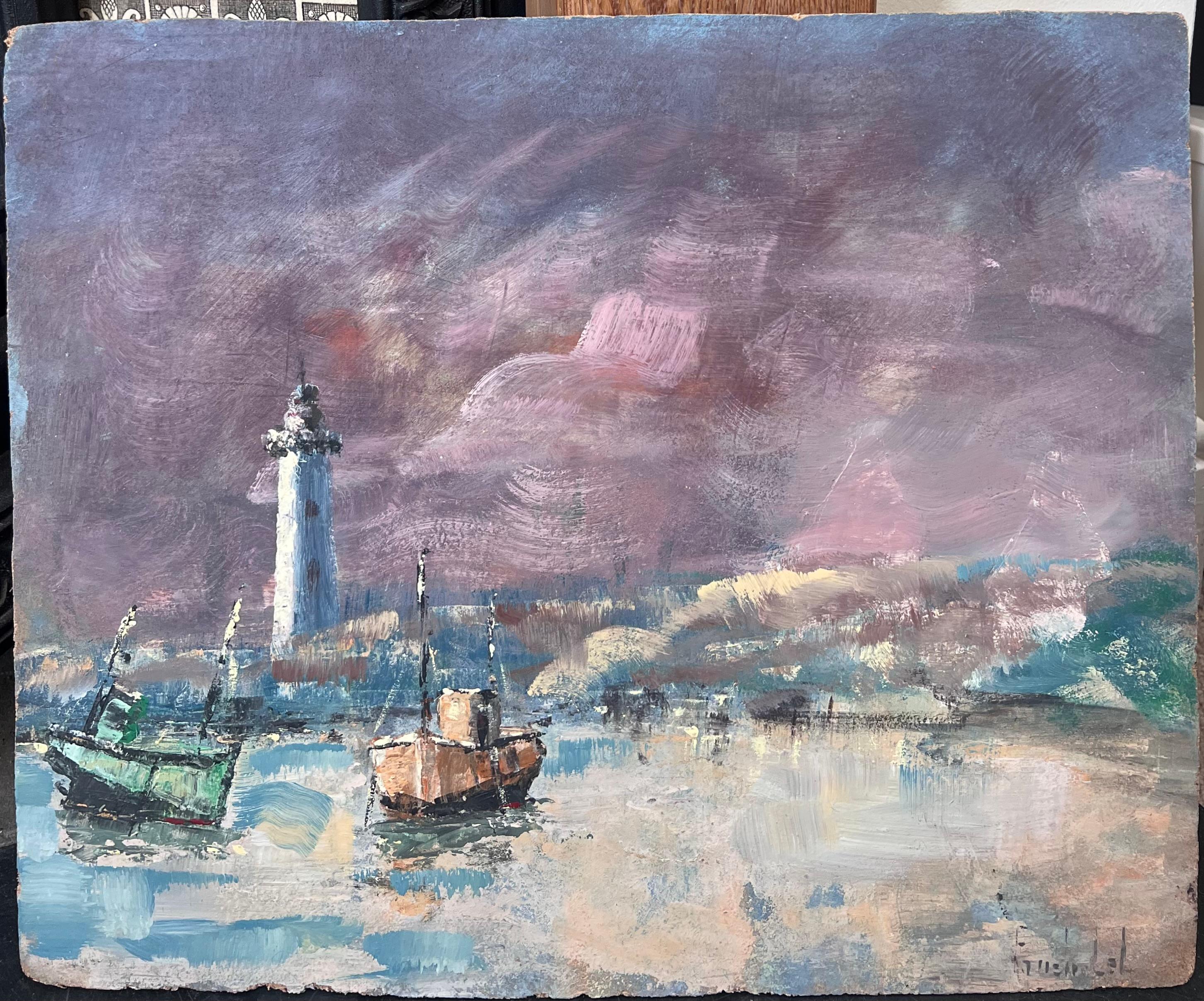 Ciel violet au-dessus du phare Port Plage Paysage français Peinture à l'huile - Painting de Fanch Lel