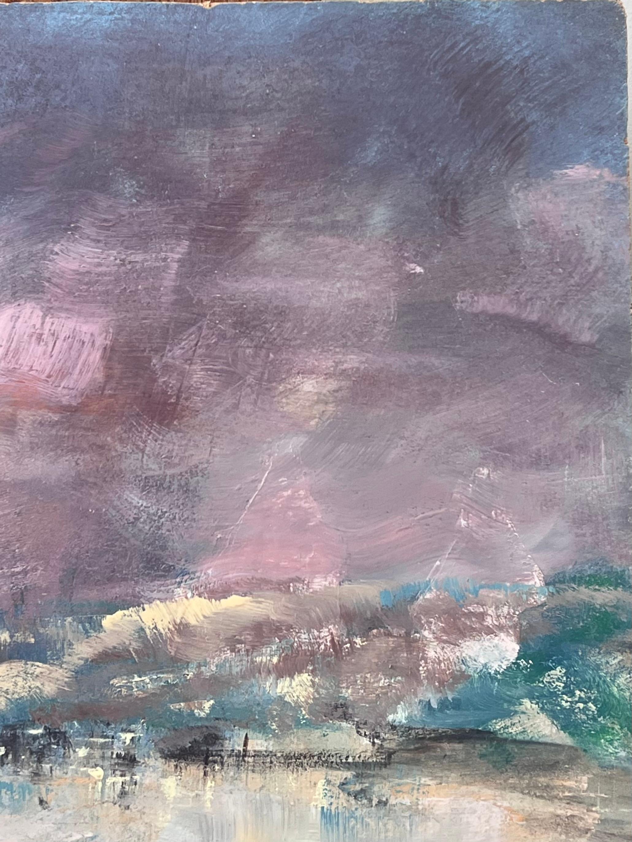 Ciel violet au-dessus du phare Port Plage Paysage français Peinture à l'huile - Impressionnisme Painting par Fanch Lel