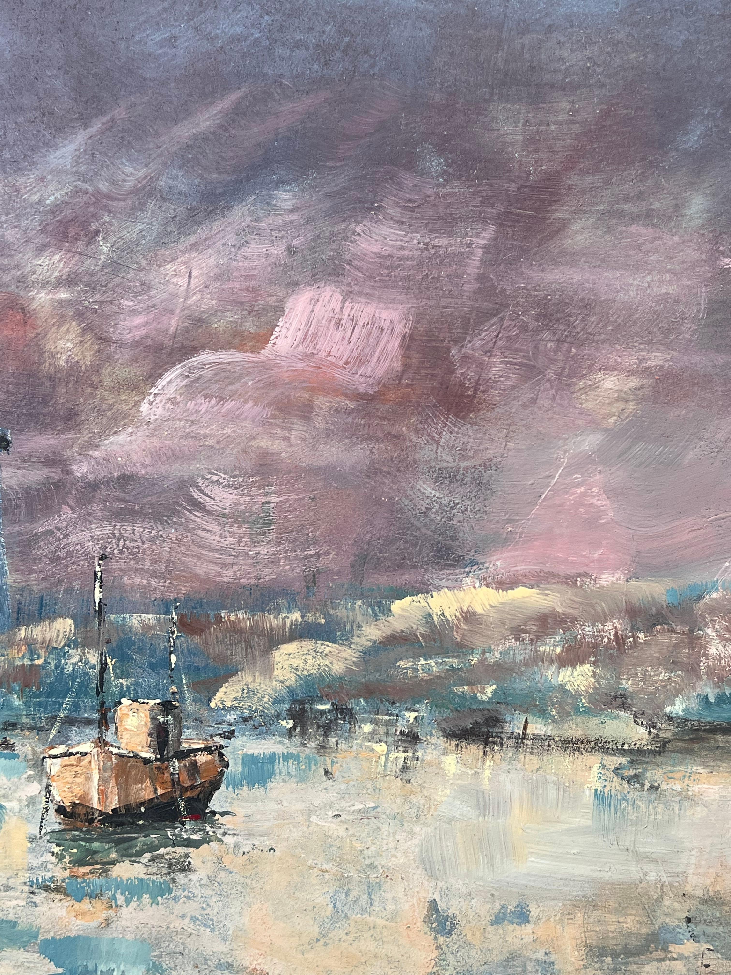 Ciel violet au-dessus du phare Port Plage Paysage français Peinture à l'huile - Gris Landscape Painting par Fanch Lel