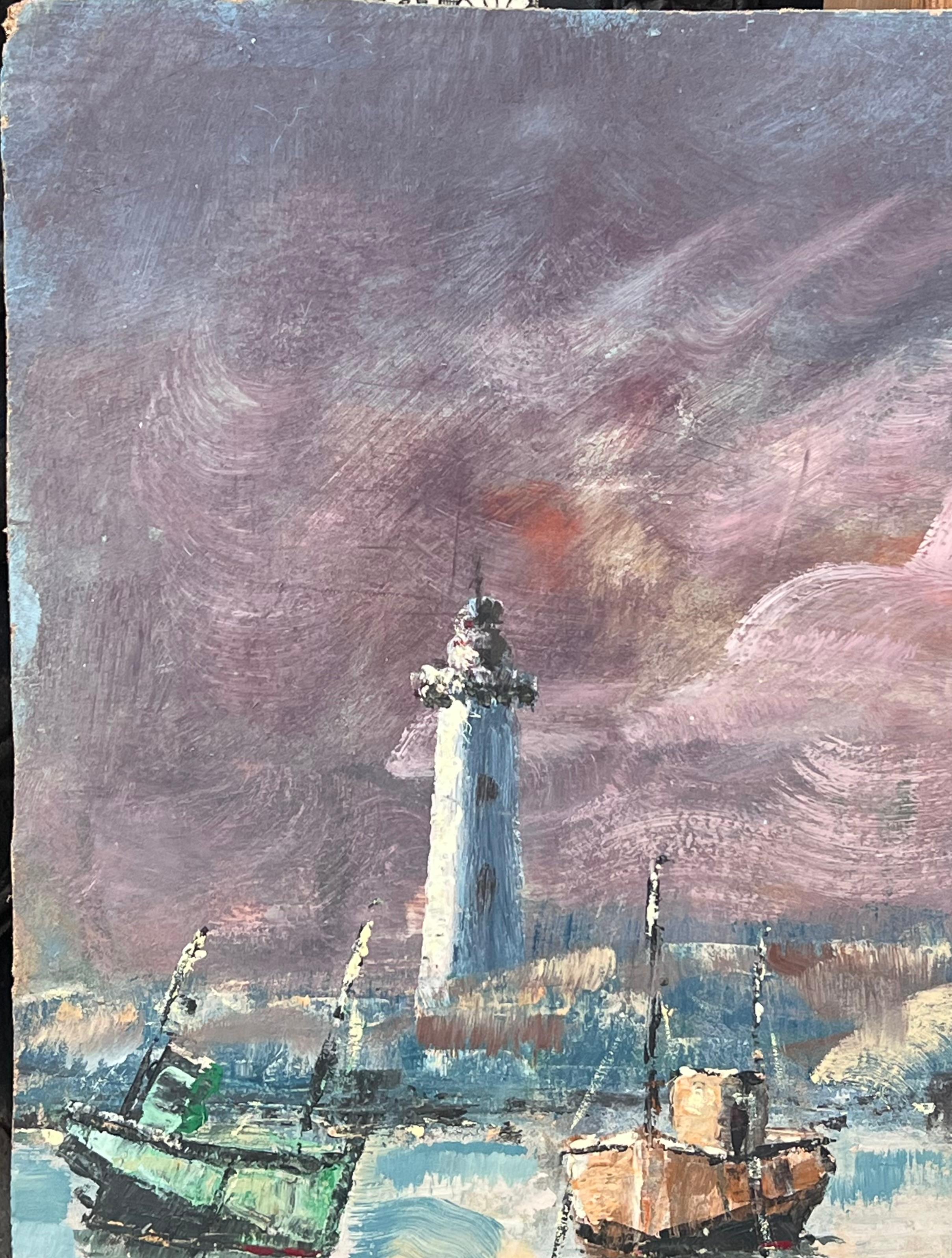 Ciel violet au-dessus du phare Port Plage Paysage français Peinture à l'huile en vente 1