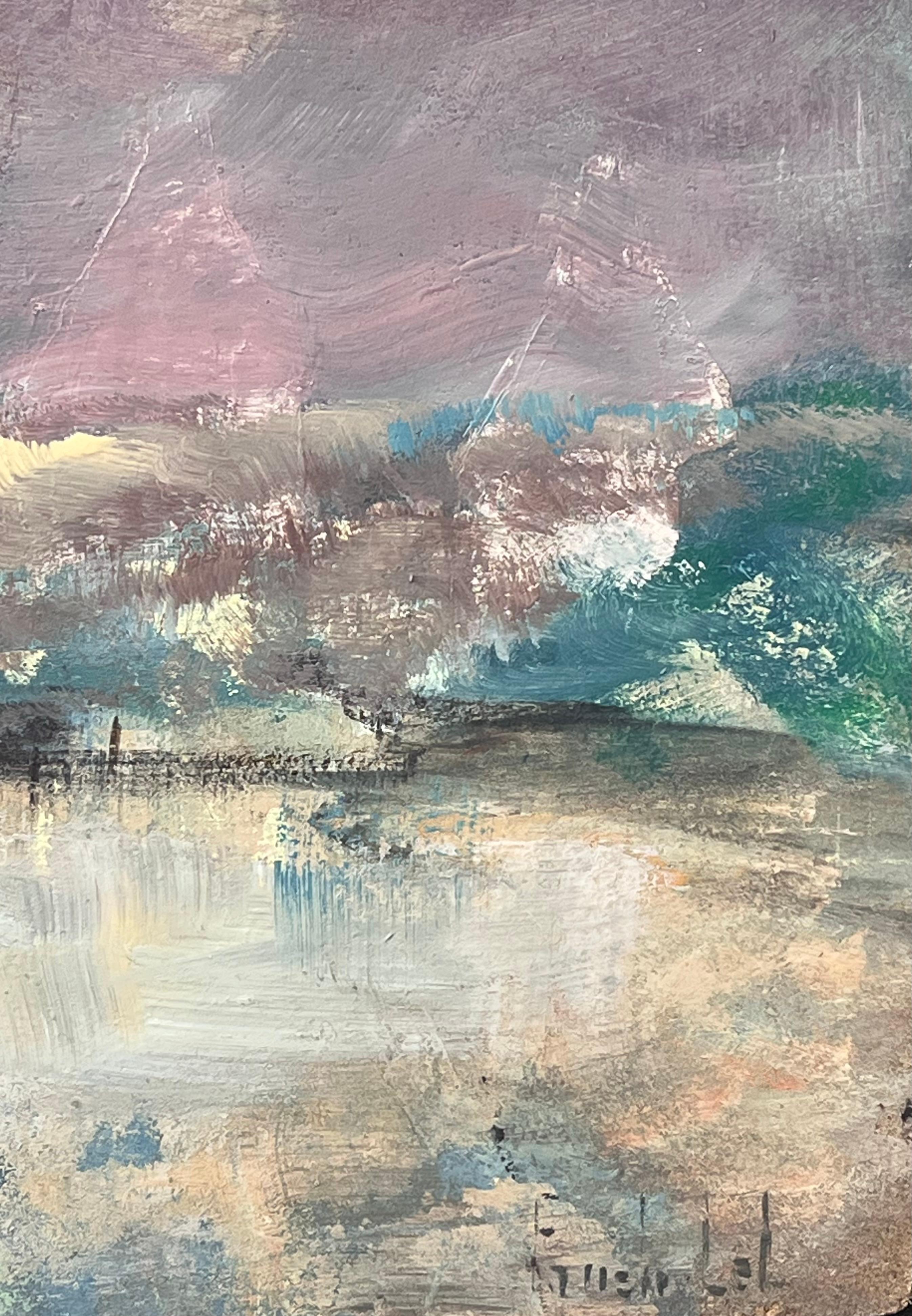 Ciel violet au-dessus du phare Port Plage Paysage français Peinture à l'huile en vente 2