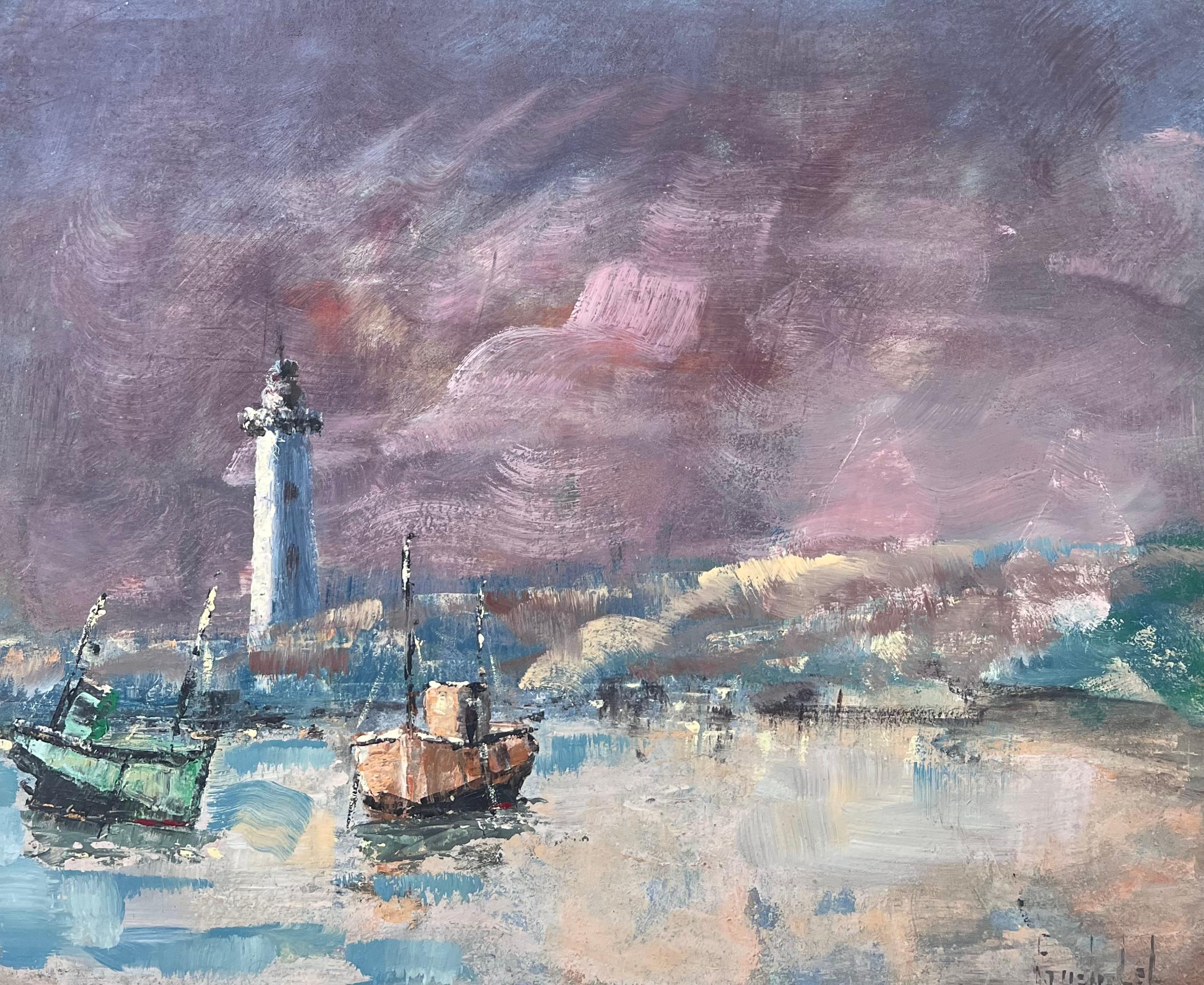 Landscape Painting Fanch Lel - Ciel violet au-dessus du phare Port Plage Paysage français Peinture à l'huile