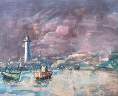 Ciel violet au-dessus du phare Port Plage Paysage français Peinture à l'huile