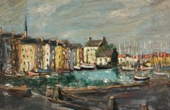 Quiet Charming Harbor Village at Dusk Impressionist Coastal Scene