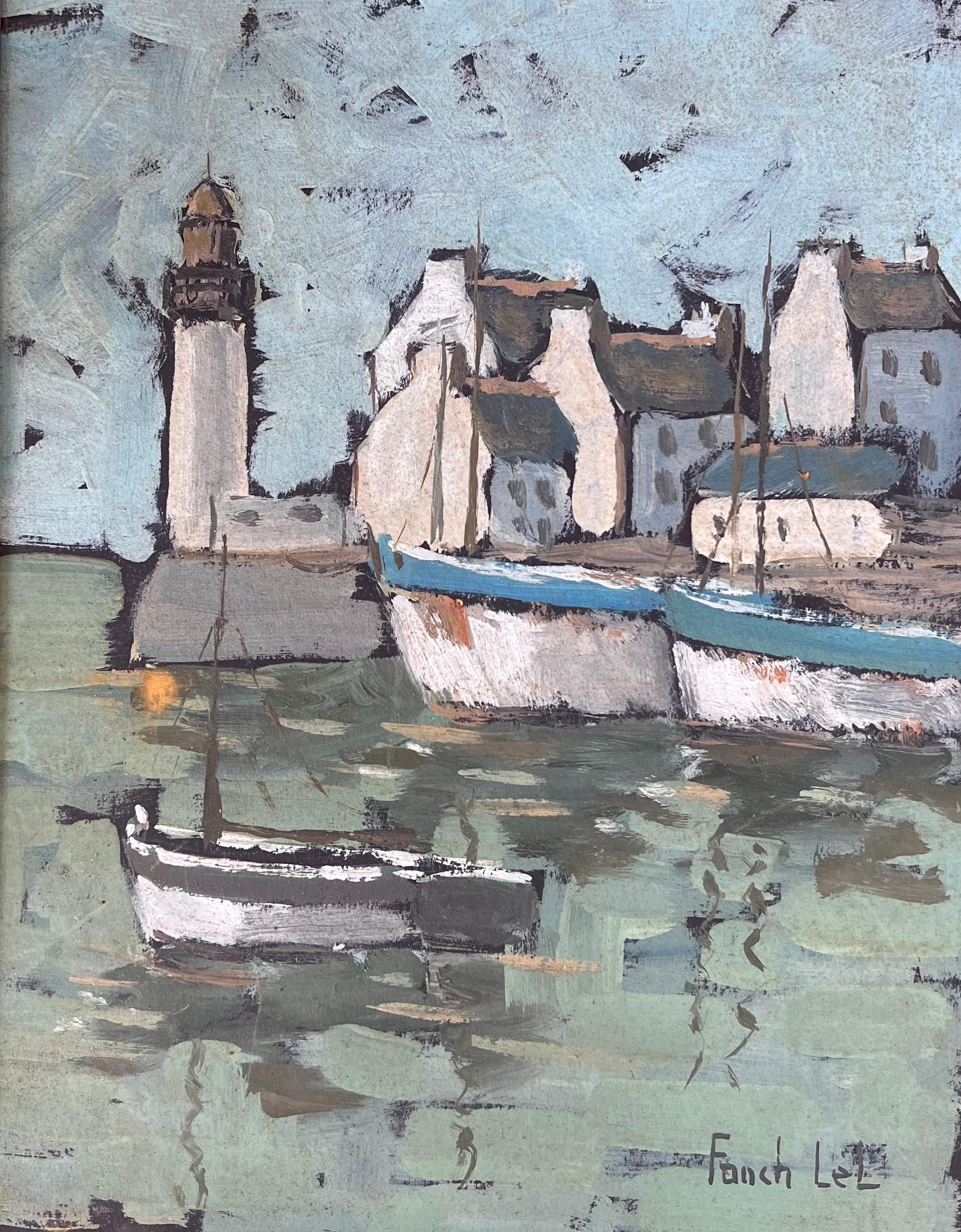 Quiet Grey Boat Harbour In Breton France French Framed Oil Landscape Painting (Paesaggio ad olio con cornice) in vendita 1