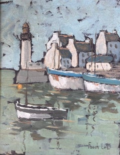 Quiet Grauer Boots Hafen in Breton, Frankreich, Französisch, gerahmtes Öl-Landschaftsgemälde