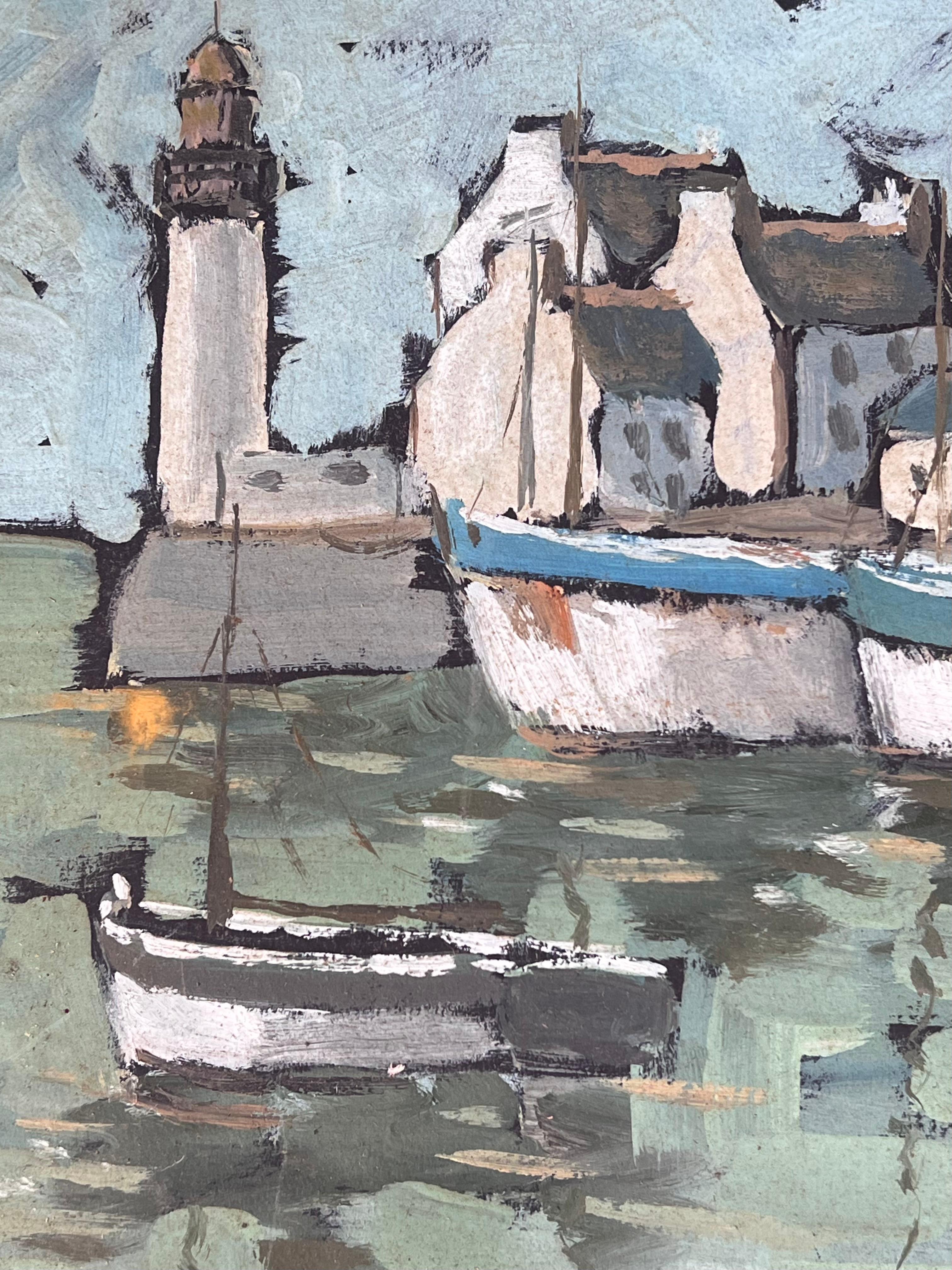 Quiet Grey Boat Harbour In Breton France French Framed Oil Landscape Painting (Paesaggio ad olio con cornice) in vendita 5