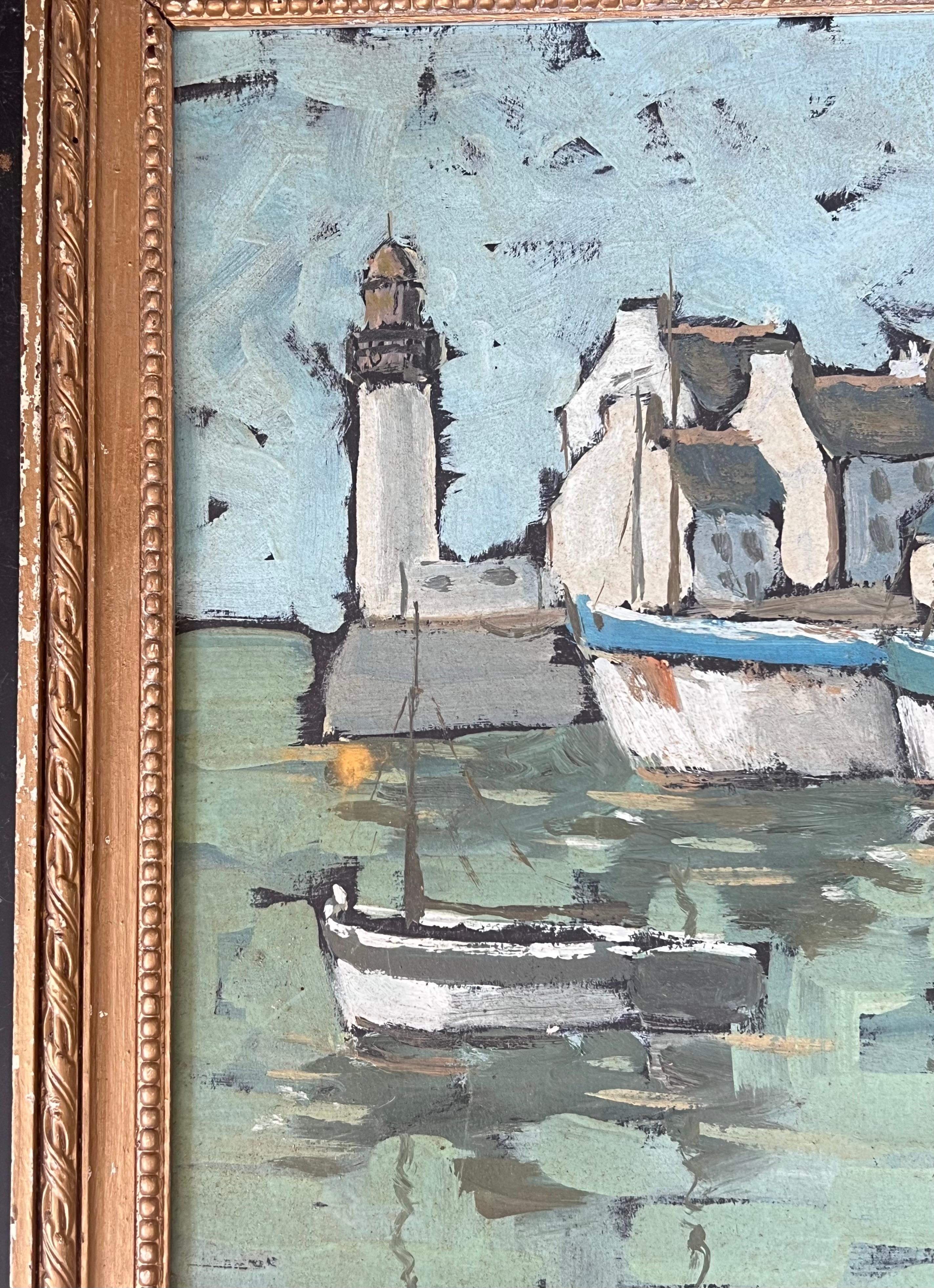 Quiet Grey Boat Harbour In Breton France French Framed Oil Landscape Painting (Paesaggio ad olio con cornice) in vendita 6