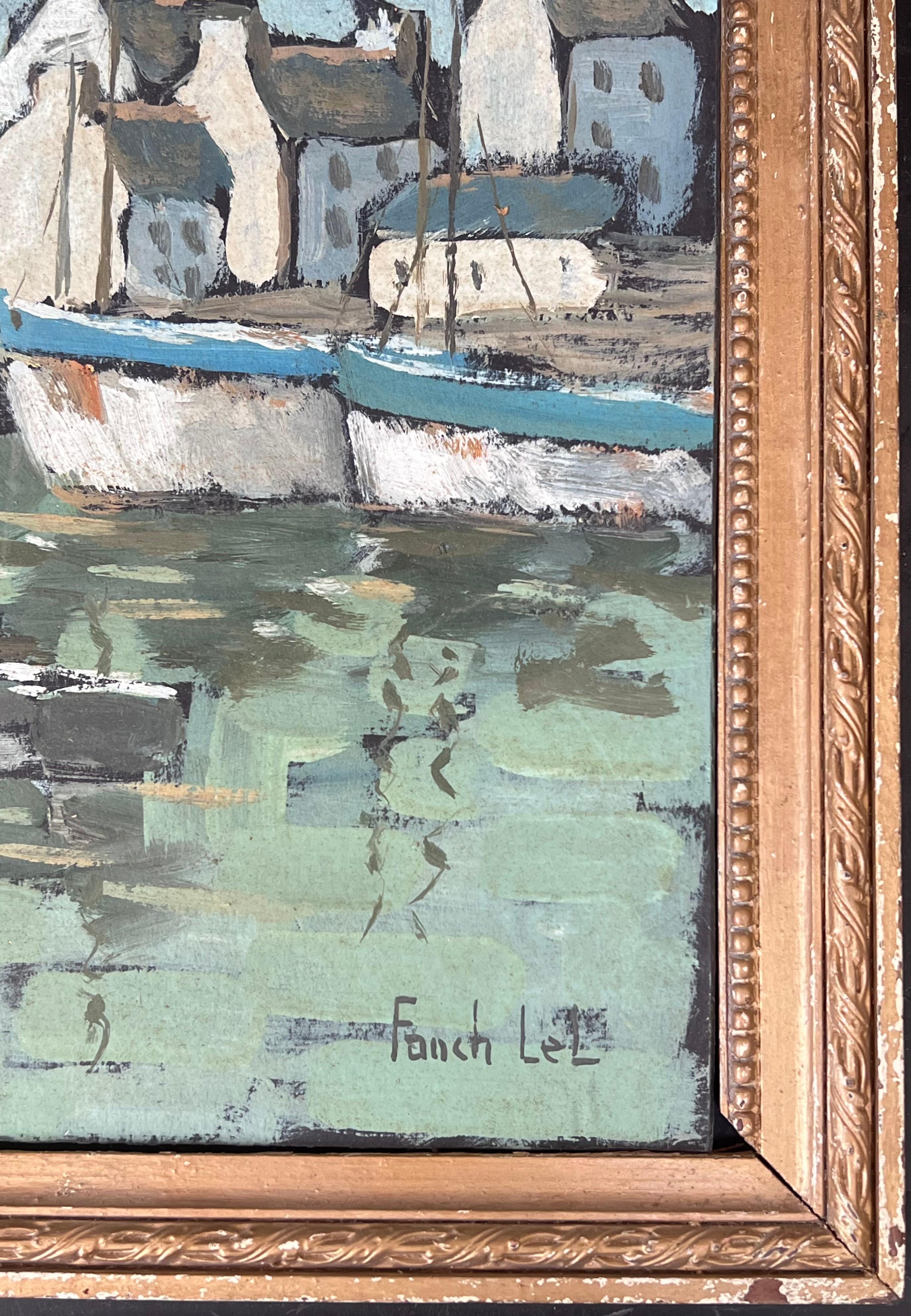 Quiet Grey Boat Harbour In Breton France French Framed Oil Landscape Painting (Paesaggio ad olio con cornice) in vendita 7