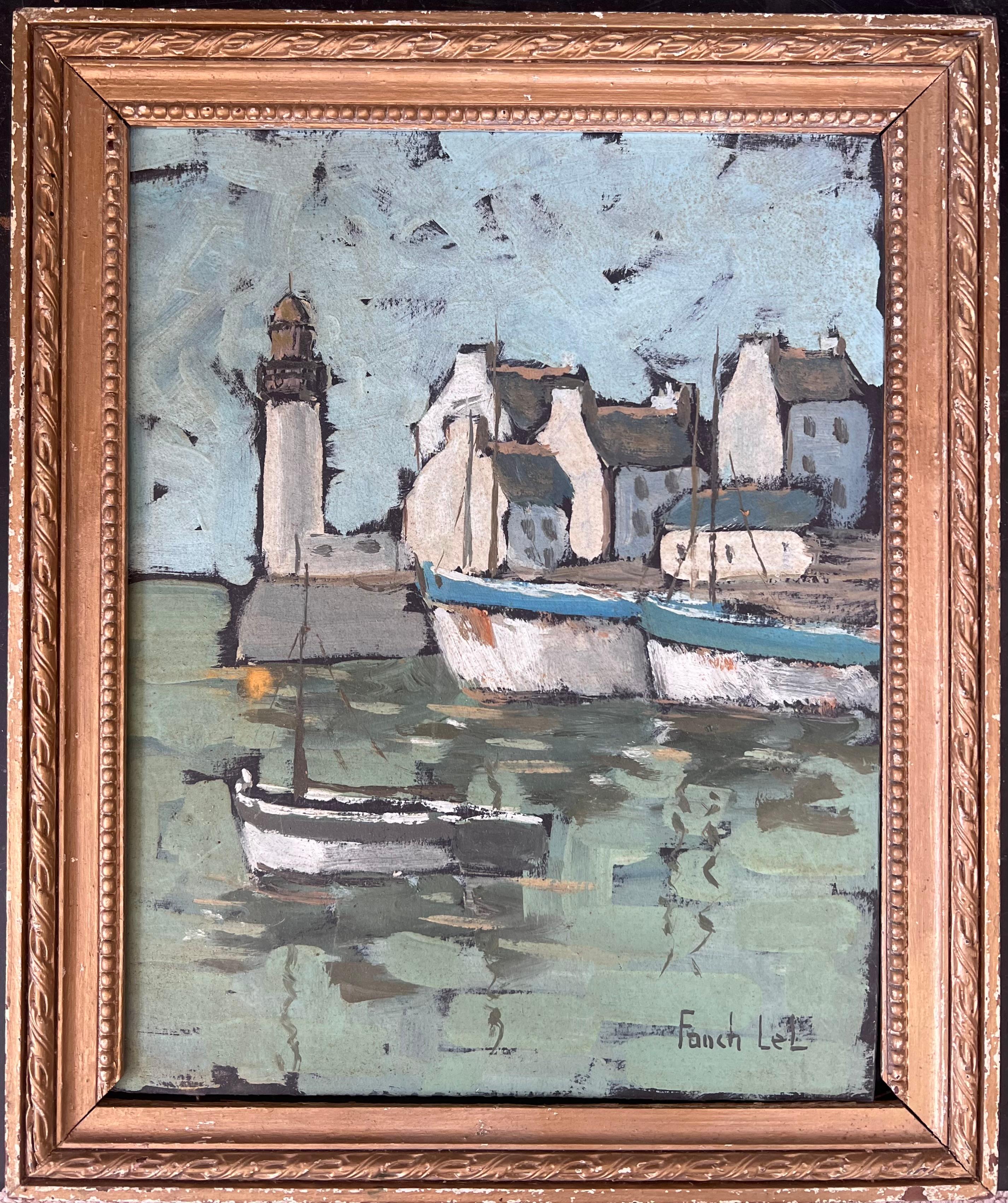 Porto di Breton 
Firmato da Fanch Lel ( Scuola francese)
Incorniciato: 14 x 11,5 pollici
Pittura: 12 x 9,5 pollici
Inscritto sul verso
Dipinto a olio su carta d'artista, incorniciato
Condit: Il dipinto è in buone condizioni, con lievi segni di