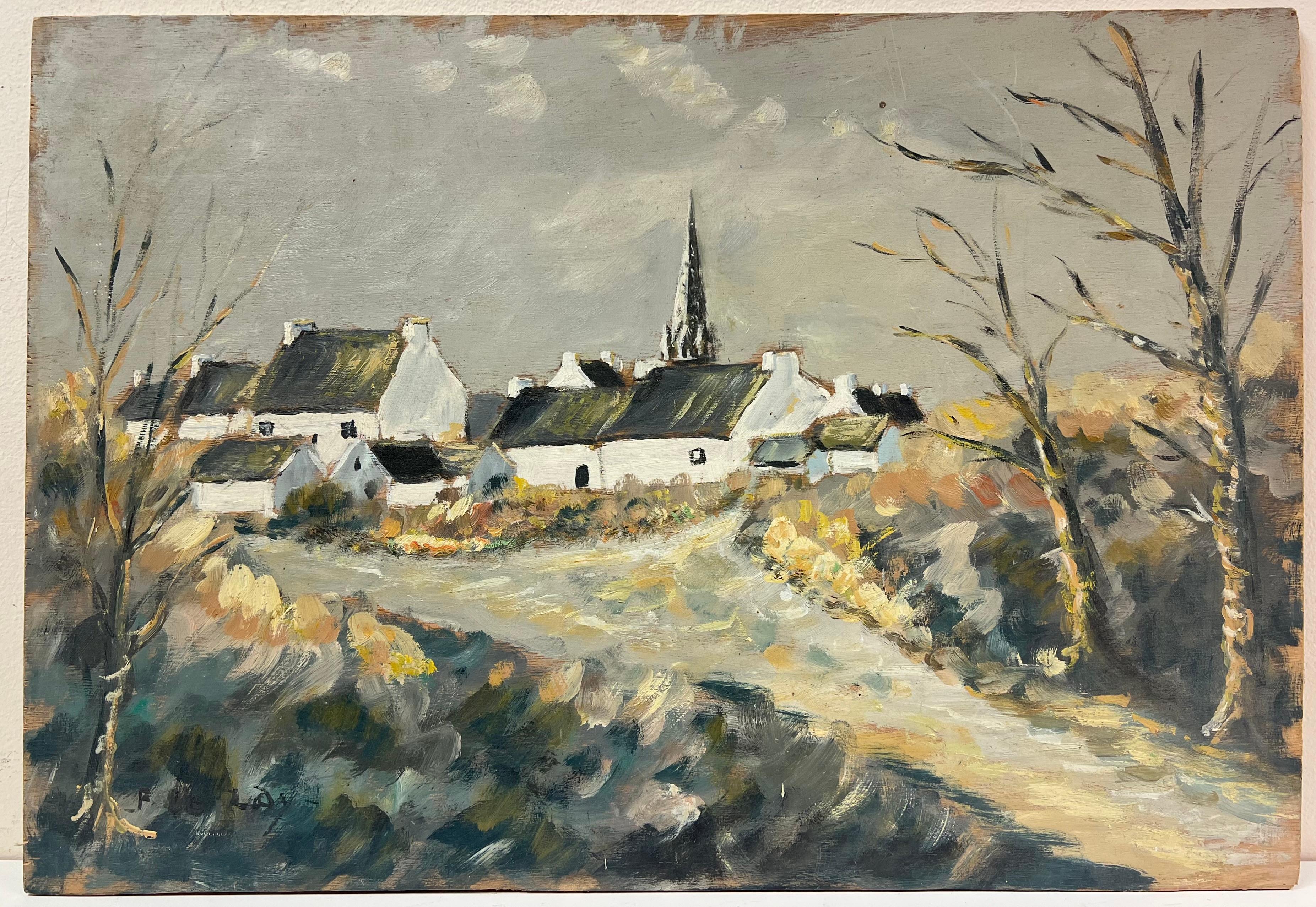 Quiet Rustikales Dorfband im Winter Friedensvolles Öl-Landschaftsgemälde – Painting von Fanch Lel