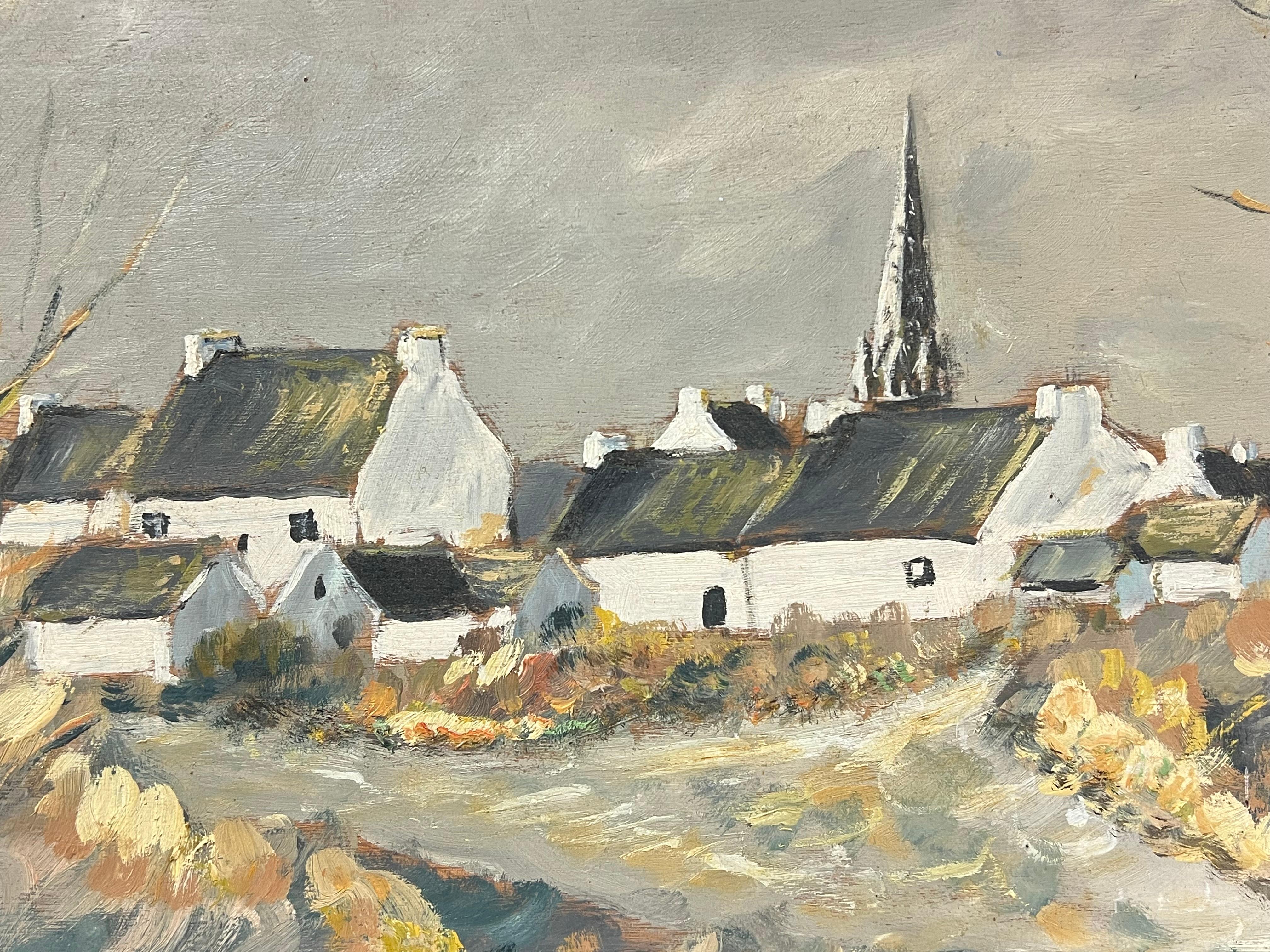 Quiet Rustikales Dorfband im Winter Friedensvolles Öl-Landschaftsgemälde (Braun), Landscape Painting, von Fanch Lel