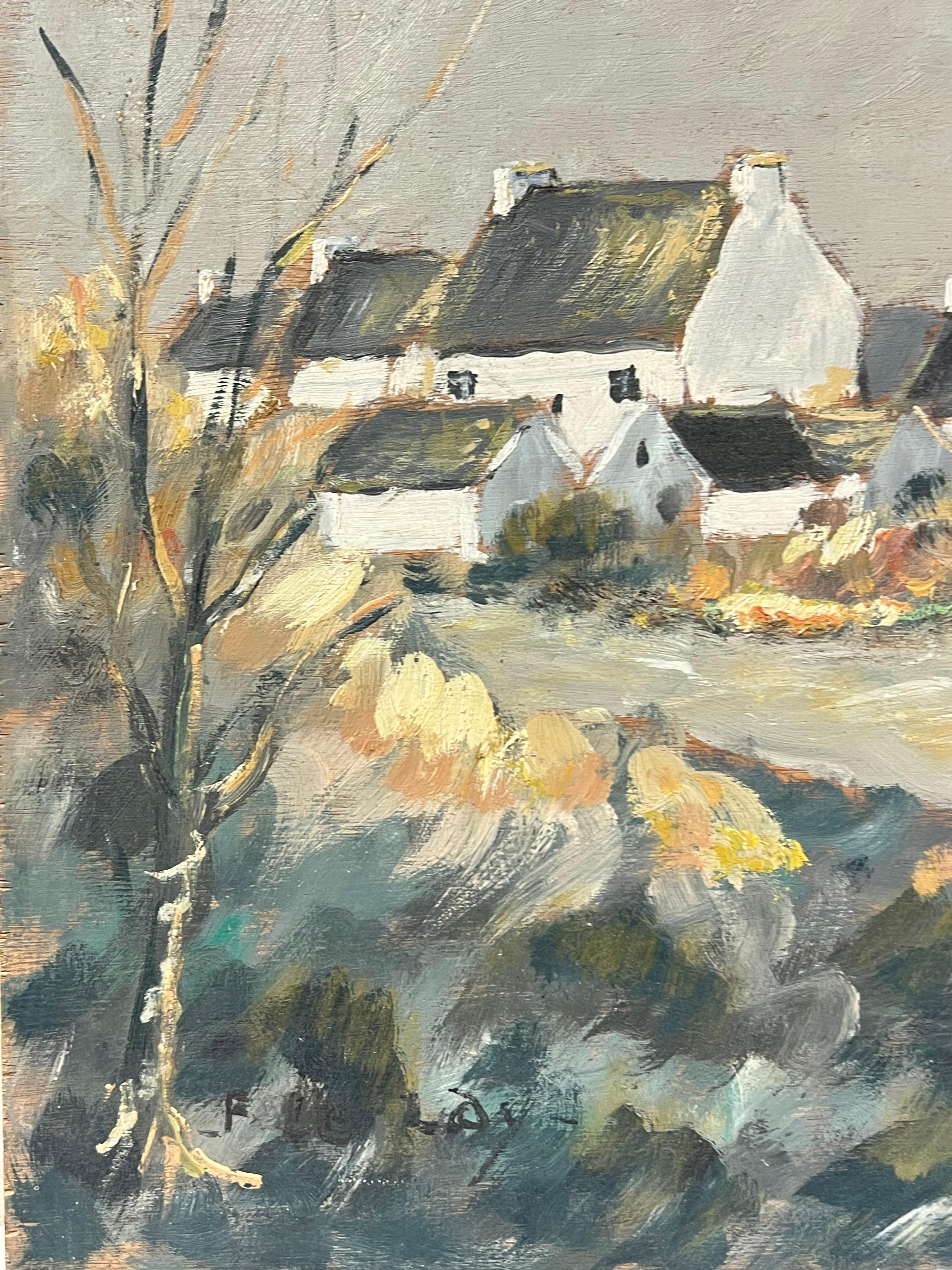 Dorf im Winter
unterzeichnet von Fanch Lel (Franzose, geb. 1930)
Größe: 15 x 21,5 Zoll
verso beschriftet
Ölgemälde auf Karton, ungerahmt
Zustand: Das Gemälde ist in sehr gutem Zustand. Es wurde zuvor im Studio des Künstlers aufbewahrt. 
Provenienz: