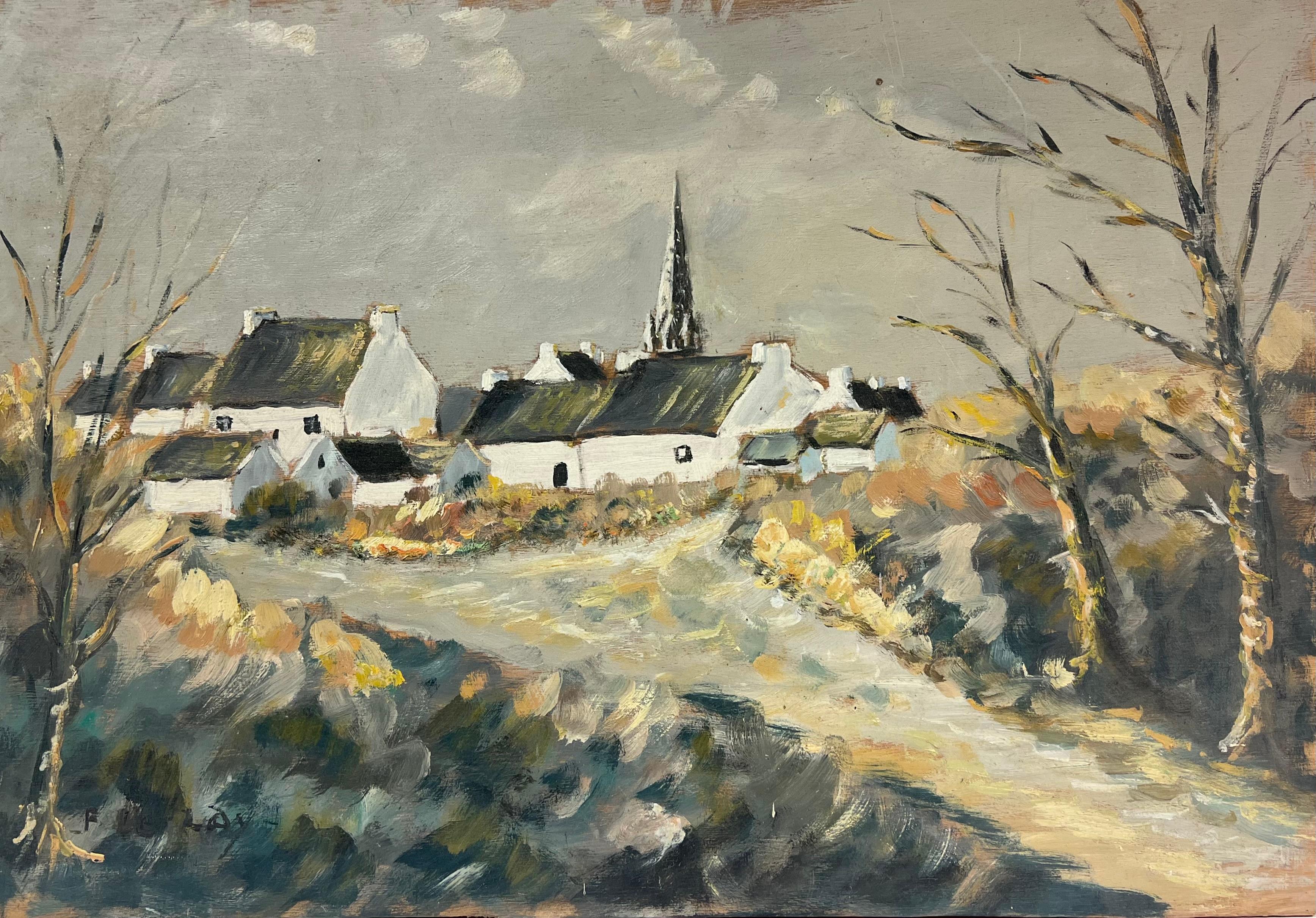 Quiet Rustic Village Track in Winter Peaceful Oil Landscape Painting