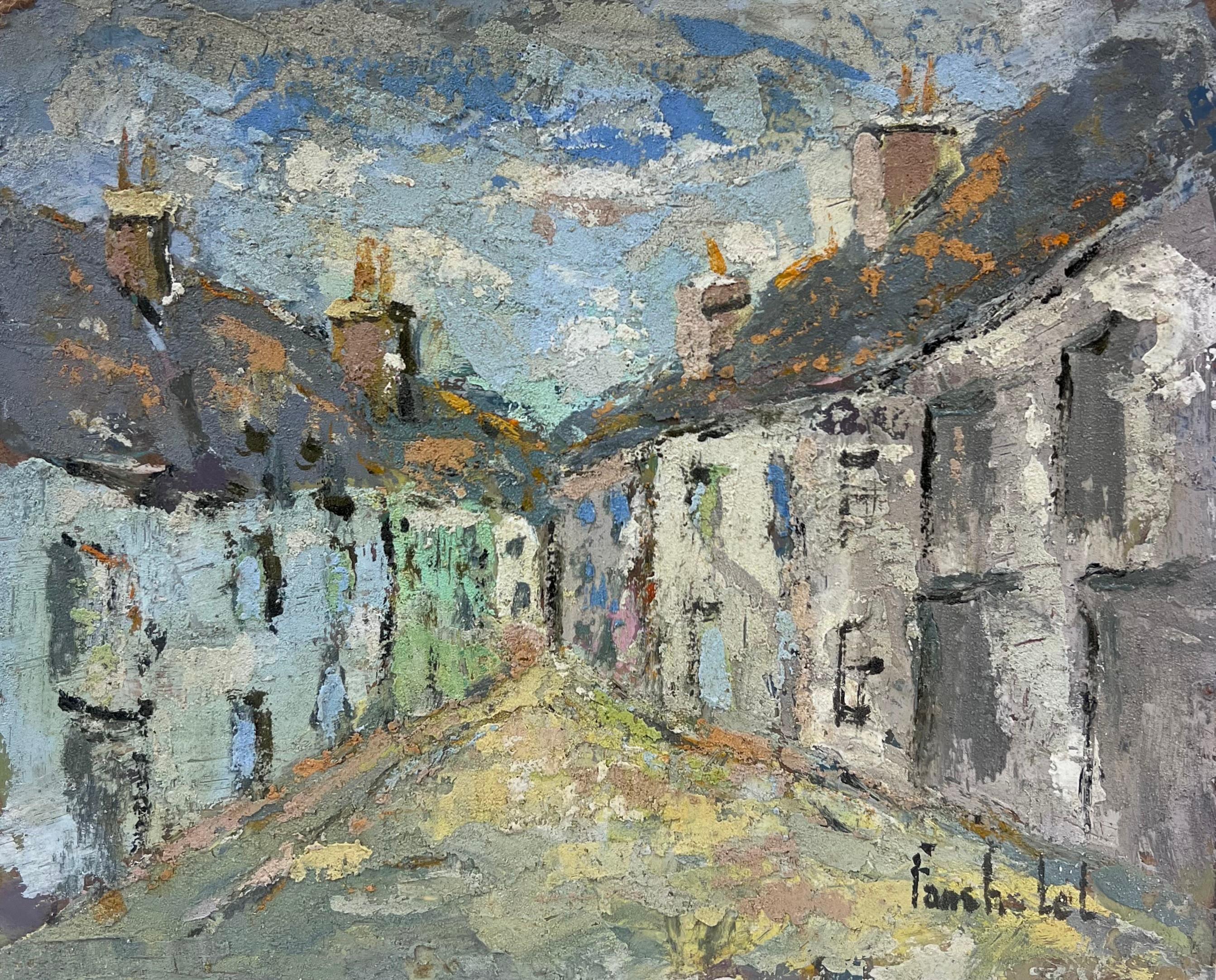Tranquillo vicolo di un villaggio con colori e luci contrastanti Pittura originale francese - Painting di Fanch Lel