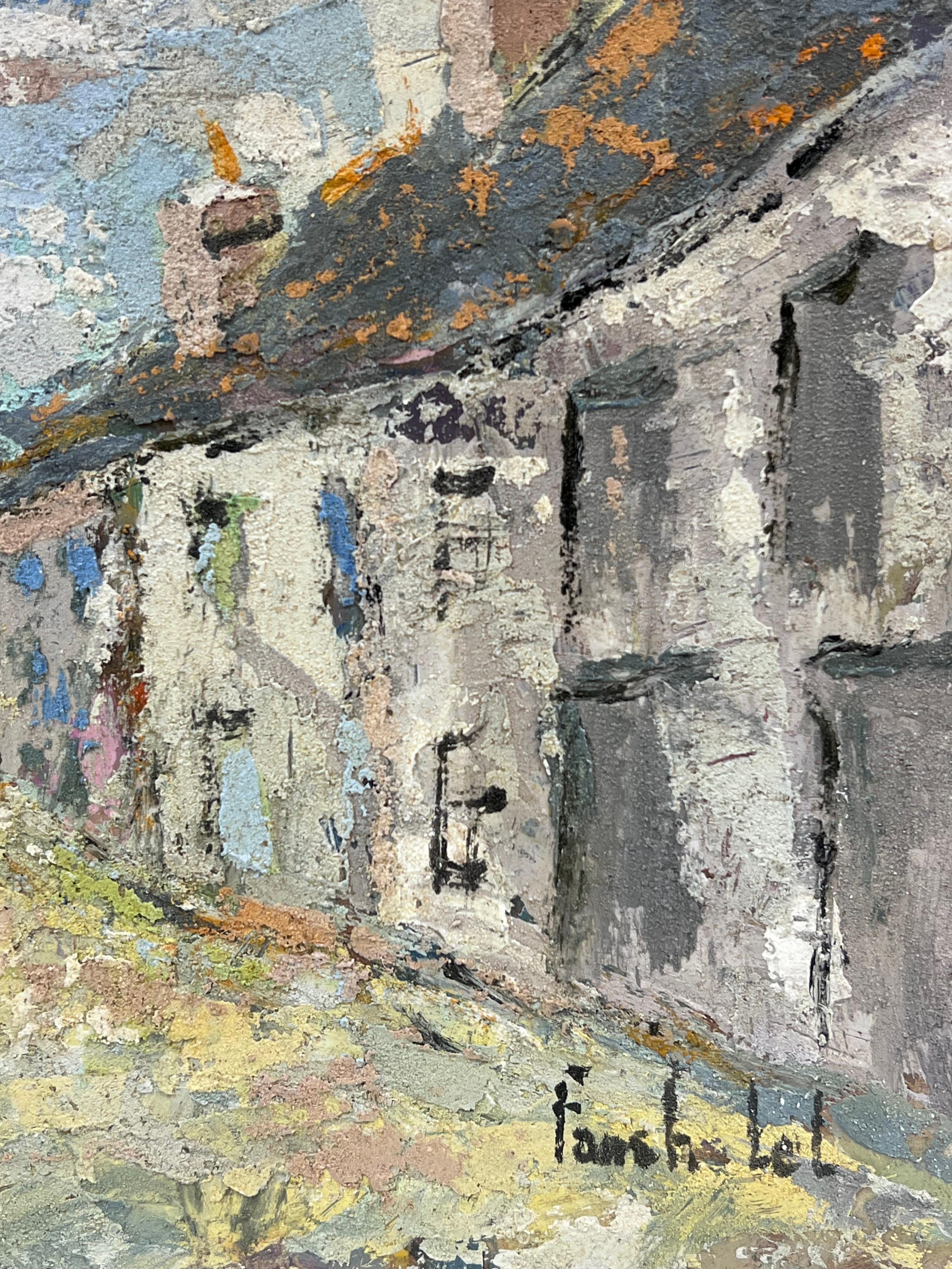 Tranquillo vicolo di un villaggio con colori e luci contrastanti Pittura originale francese - Landscape Painting Grigio di Fanch Lel