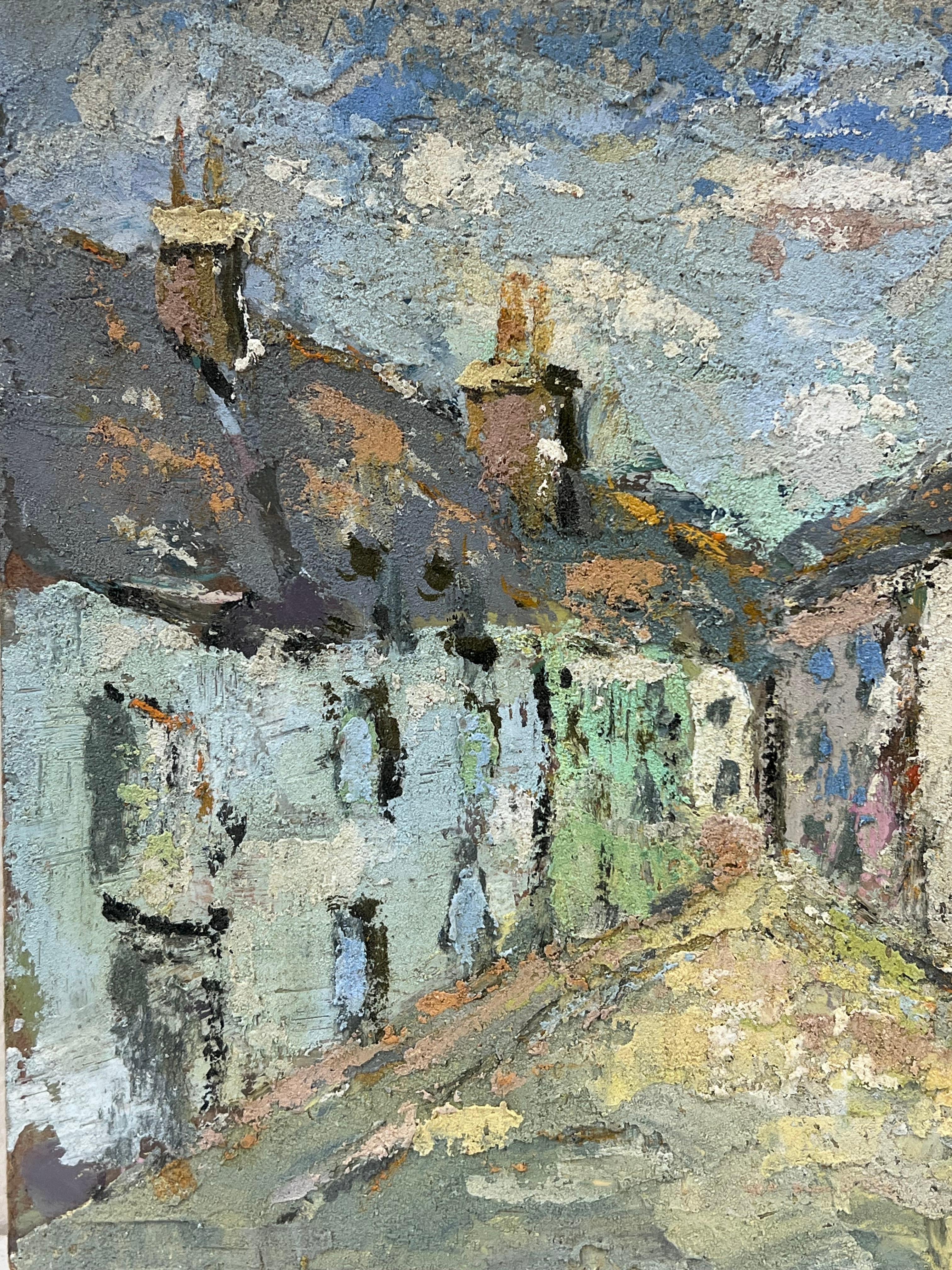 Quite Village Lane's
di Fanch Lel (francese, nato nel 1930)
dimensioni: 8,75 x 10,75 pollici
dipinto a olio su tavola, senza cornice
condizioni: il dipinto è in ottime condizioni. In precedenza è stato conservato nello studio dell'artista.