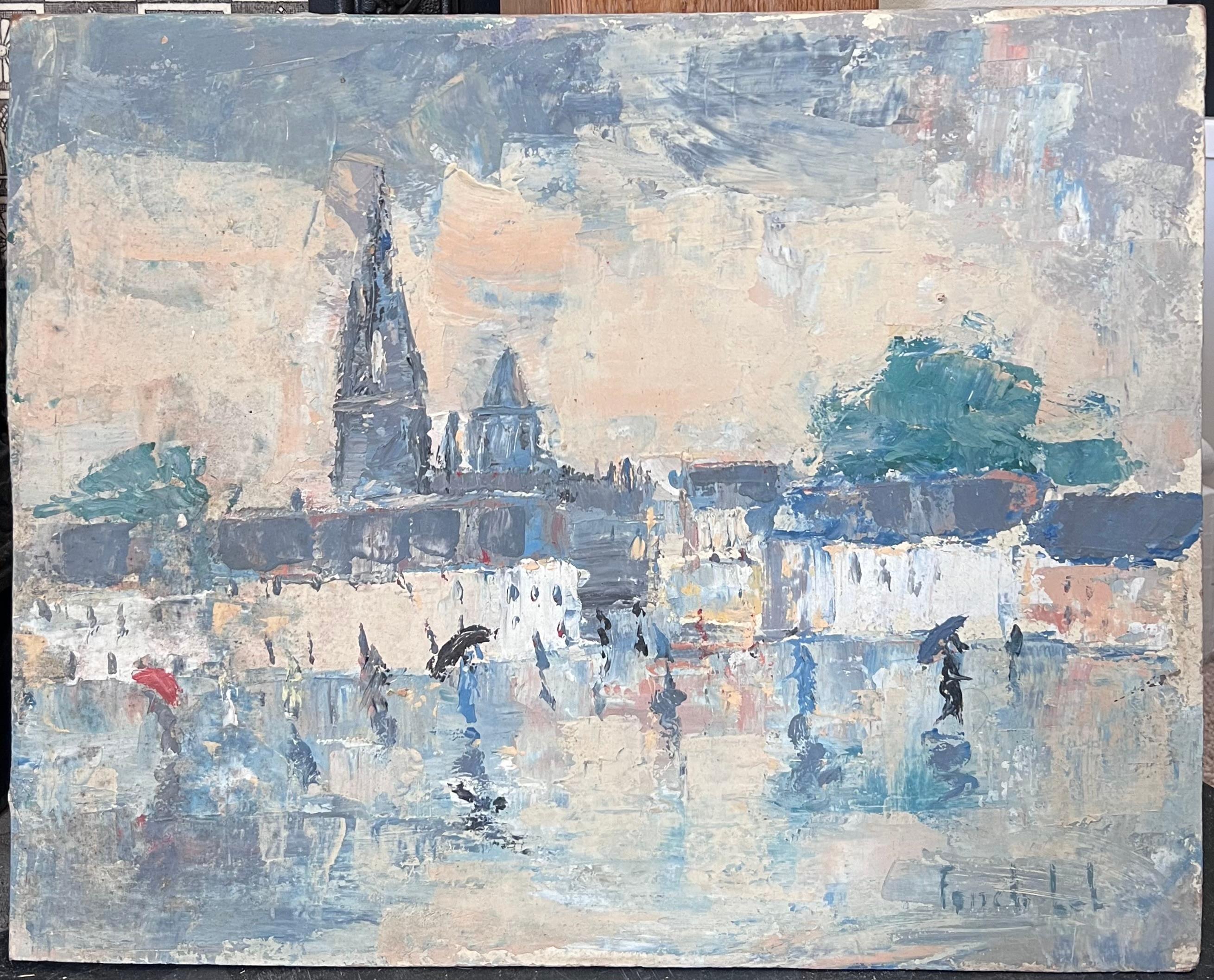 Regentag in einem französischen Dorf Townes Landschaft Ölgemälde – Painting von Fanch Lel
